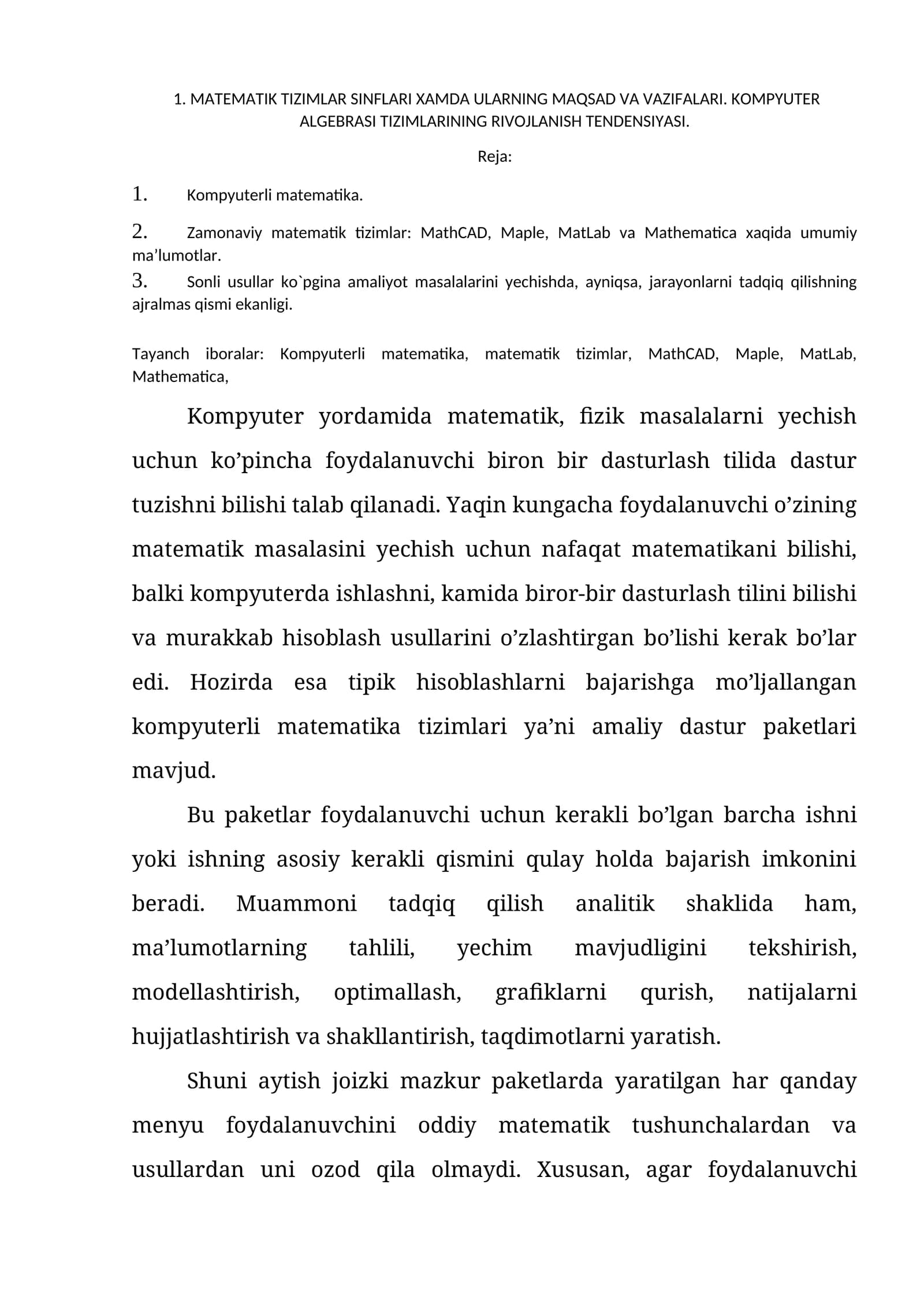 Matematik Tizimlar va Kompyuterli Matematika