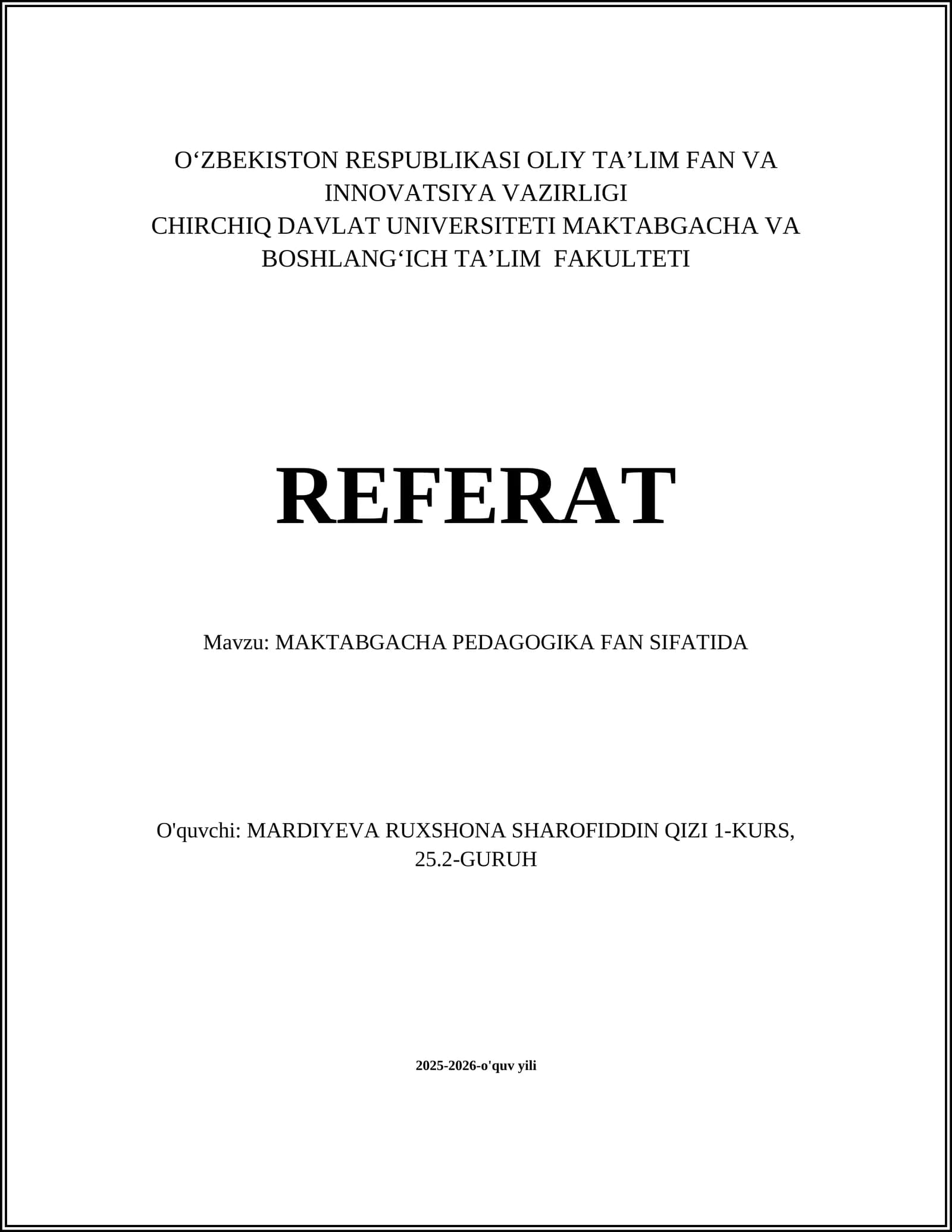 MAKTABGACHA PEDAGOGIKA FAN SIFATIDA