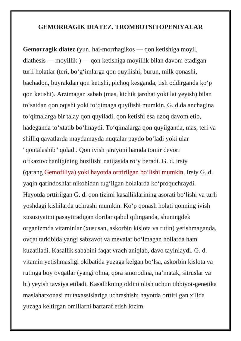 Gemorragik diatez. Trombotsitopeniyalar