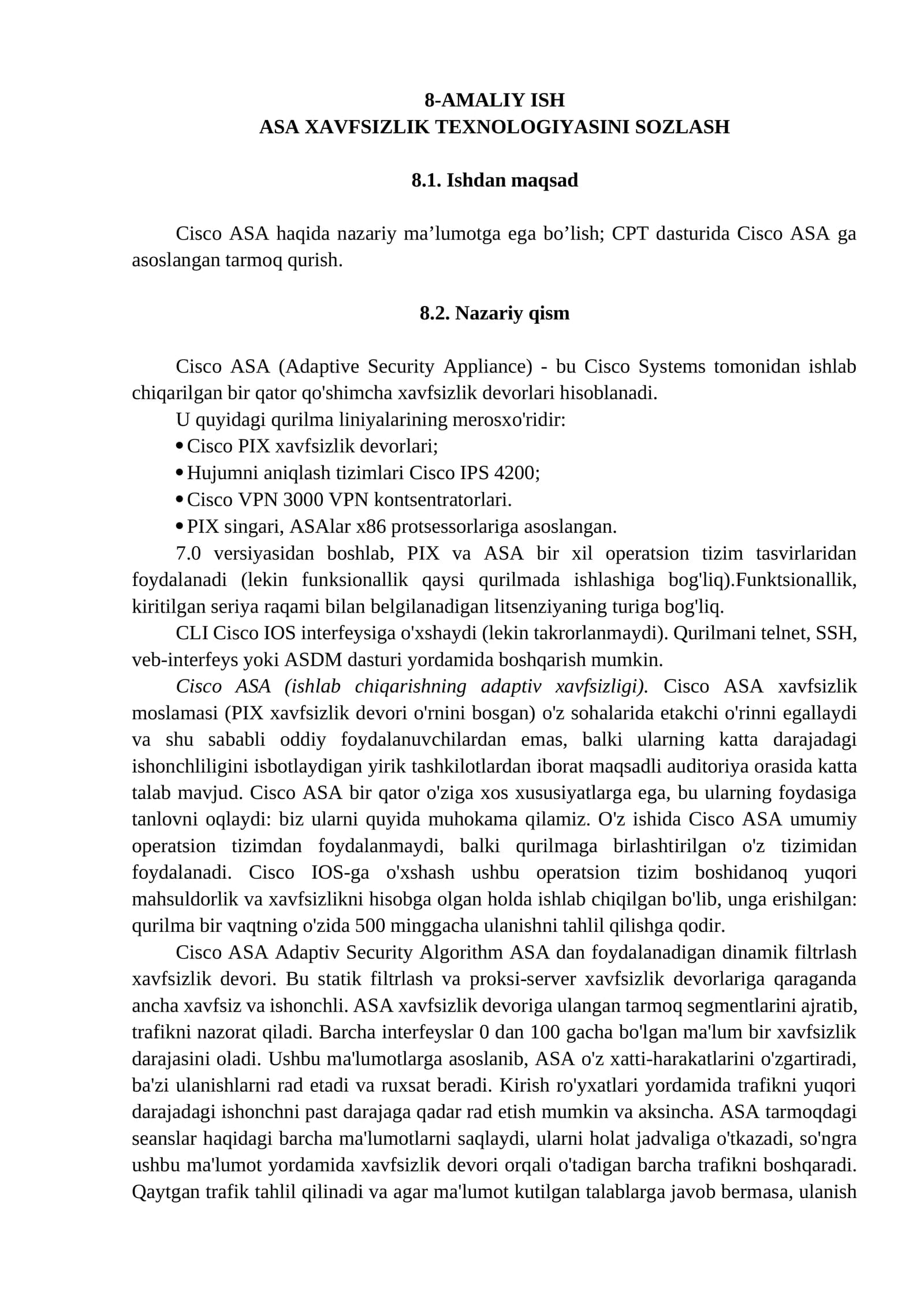 ASA XAVFSIZLIK TEXNOLOGIYASINI SOZLASH