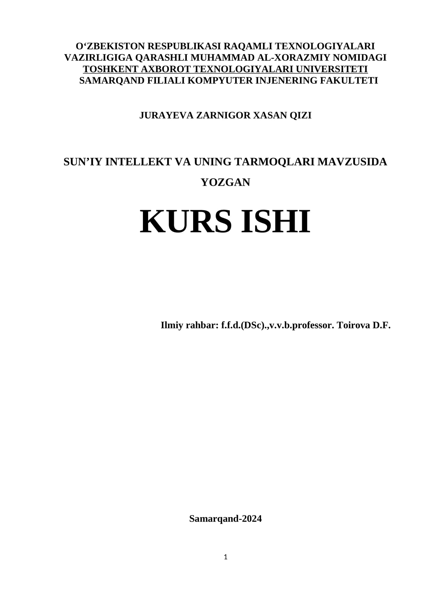 SUN’IY INTELLEKT VA UNING TARMOQLARI MAVZUSIDA KURS ISHI