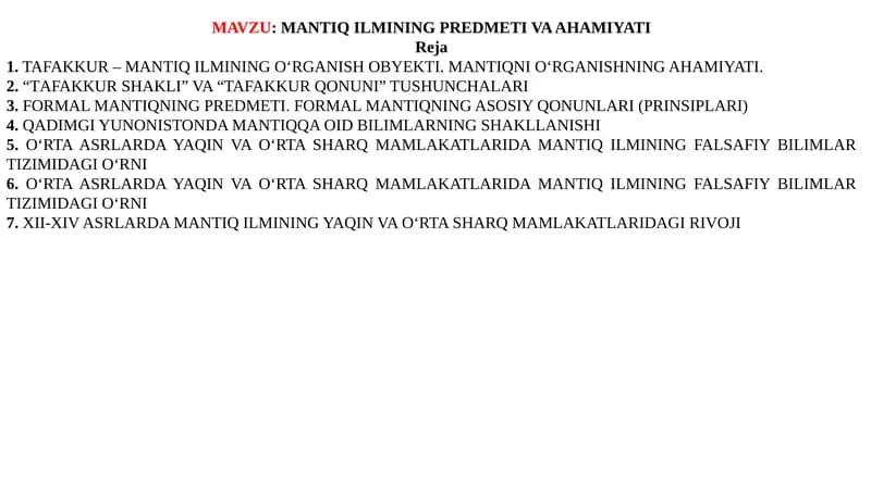 MANTIQ ILMINING PREDMETI VA AHAMIYATI