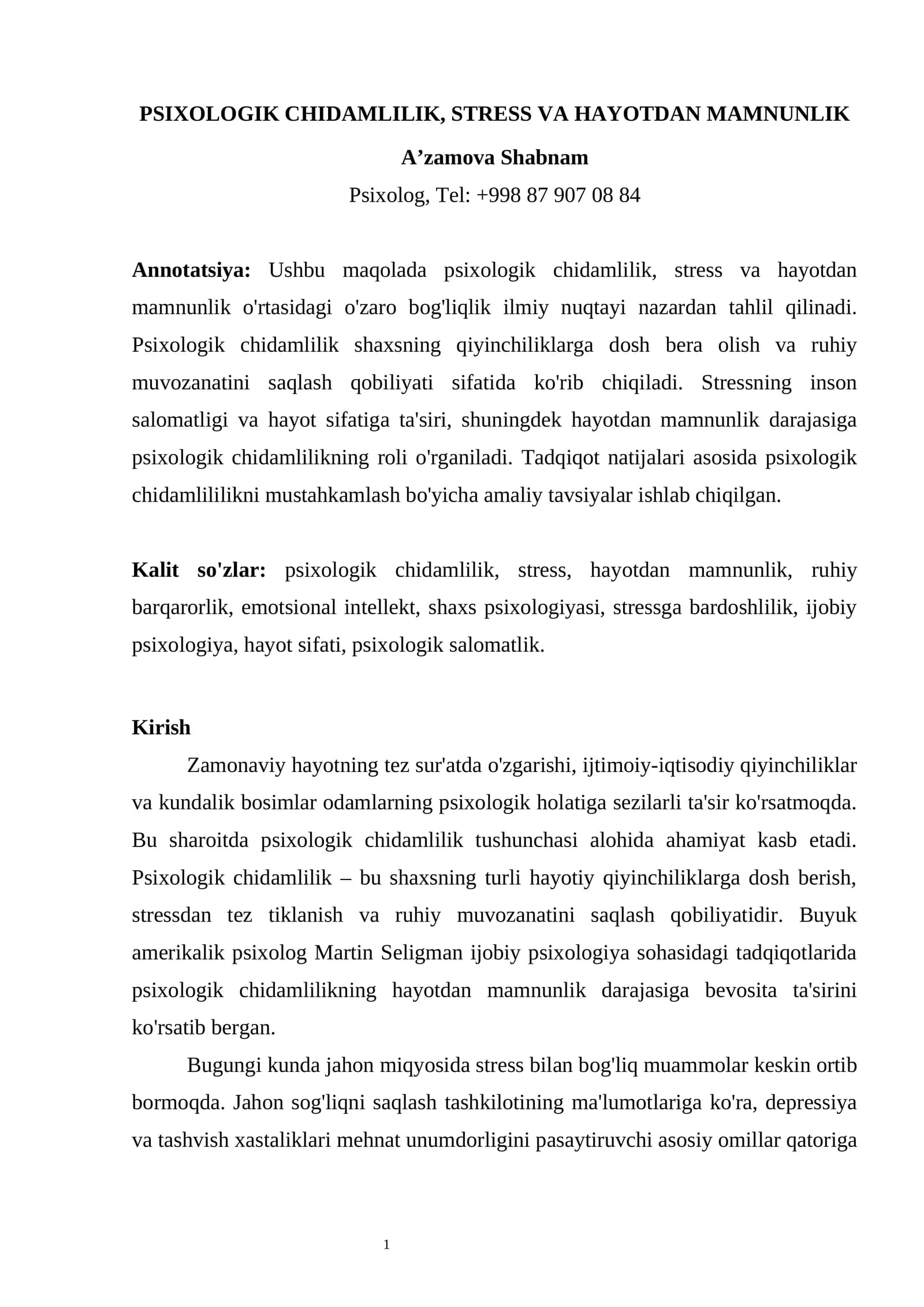 PSIXOLOGIK CHIDAMLILIK, STRESS VA HAYOTDAN MAMNUNLIK