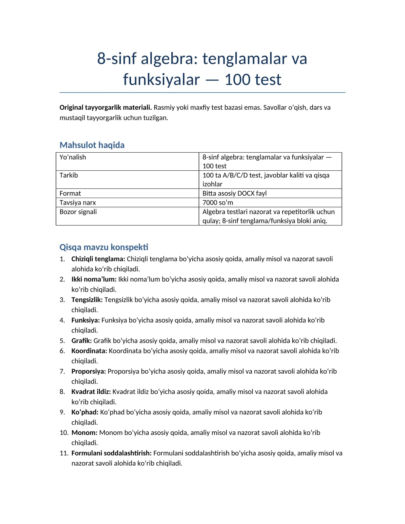 8-sinf algebra: tenglamalar va funksiyalar — 100 test