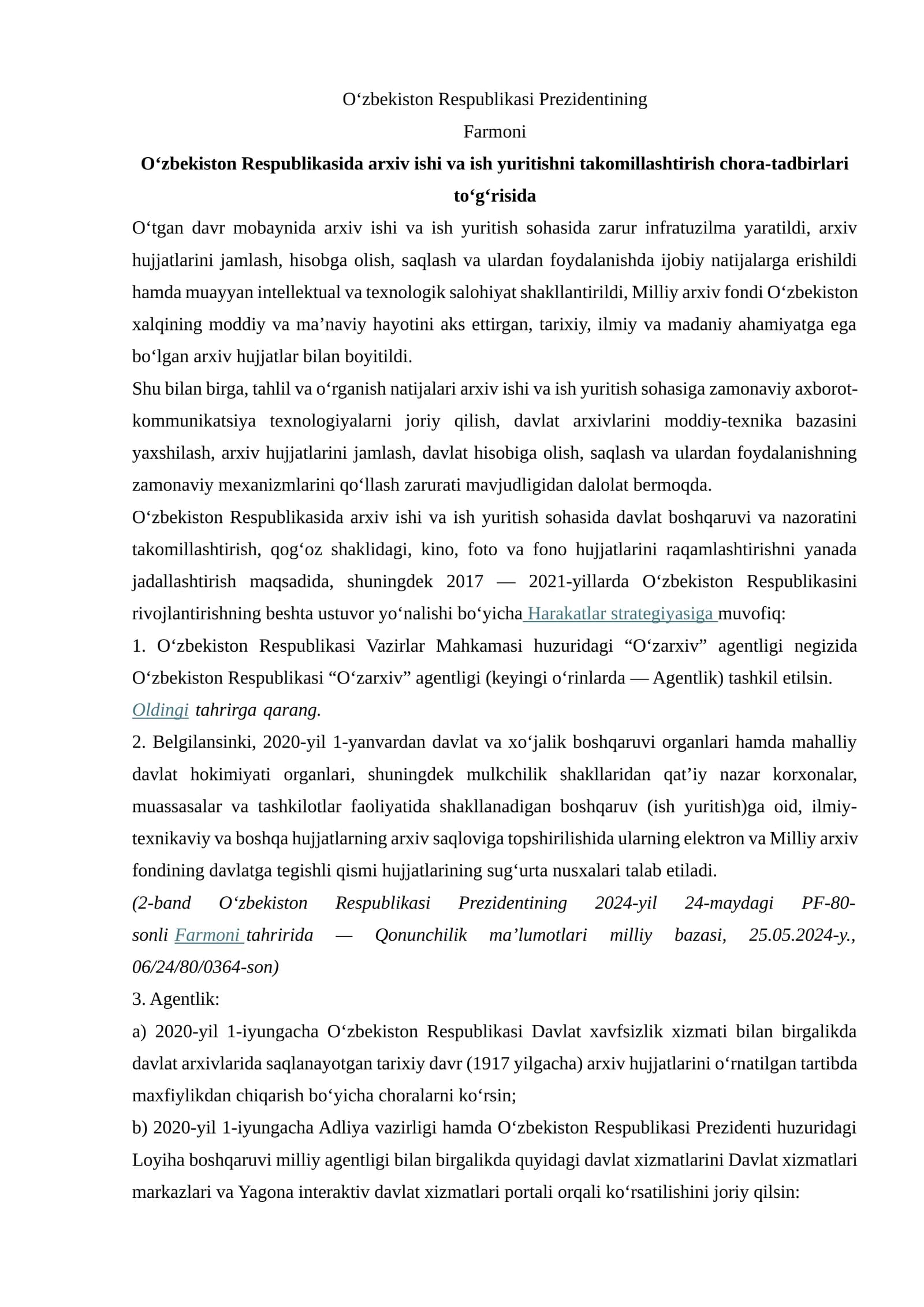 O‘zbekiston Respublikasida arxiv ishi va ish yuritishni takomillashtirish chora-tadbirlari to‘g‘risida