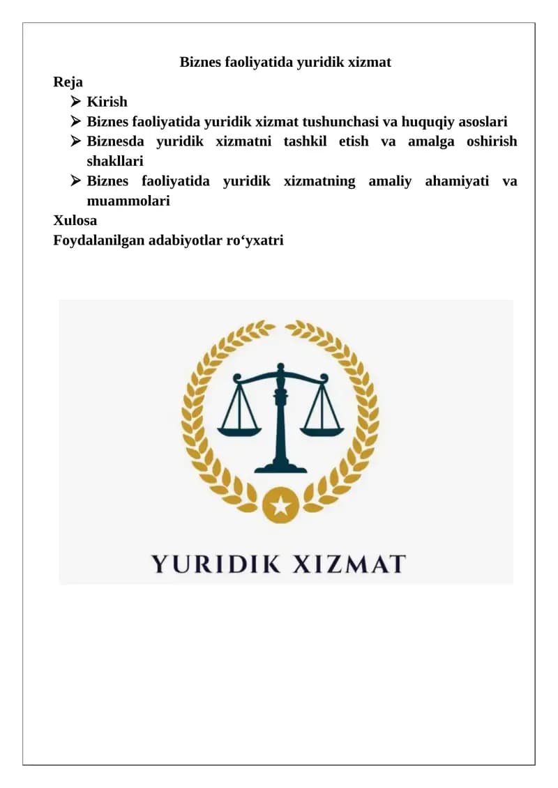 Biznes faoliyatida yuridik xizmat