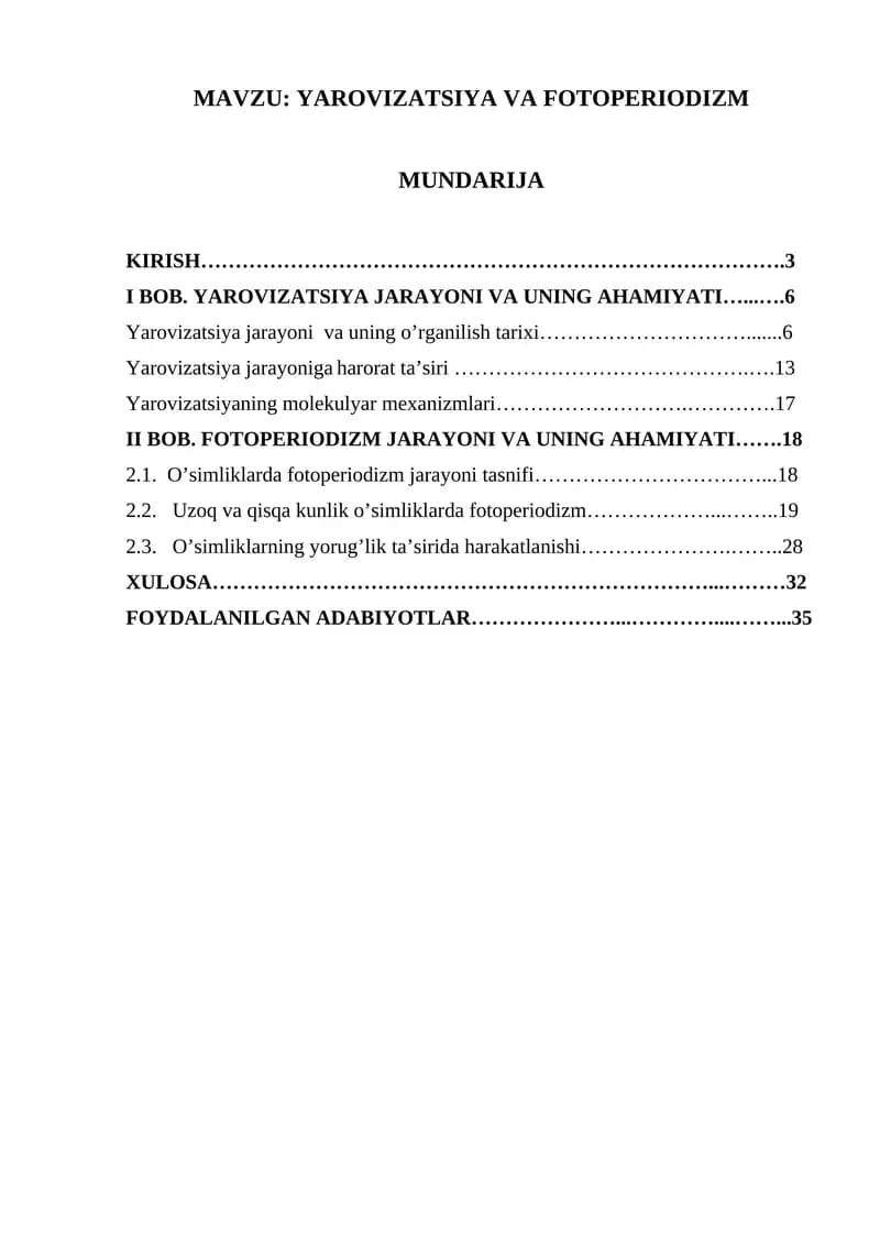 YAROVIZATSIYA VA FOTOPERIODIZM