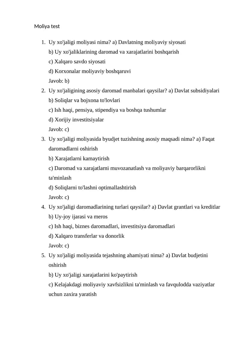 Uy xo'jaligi moliyasi test