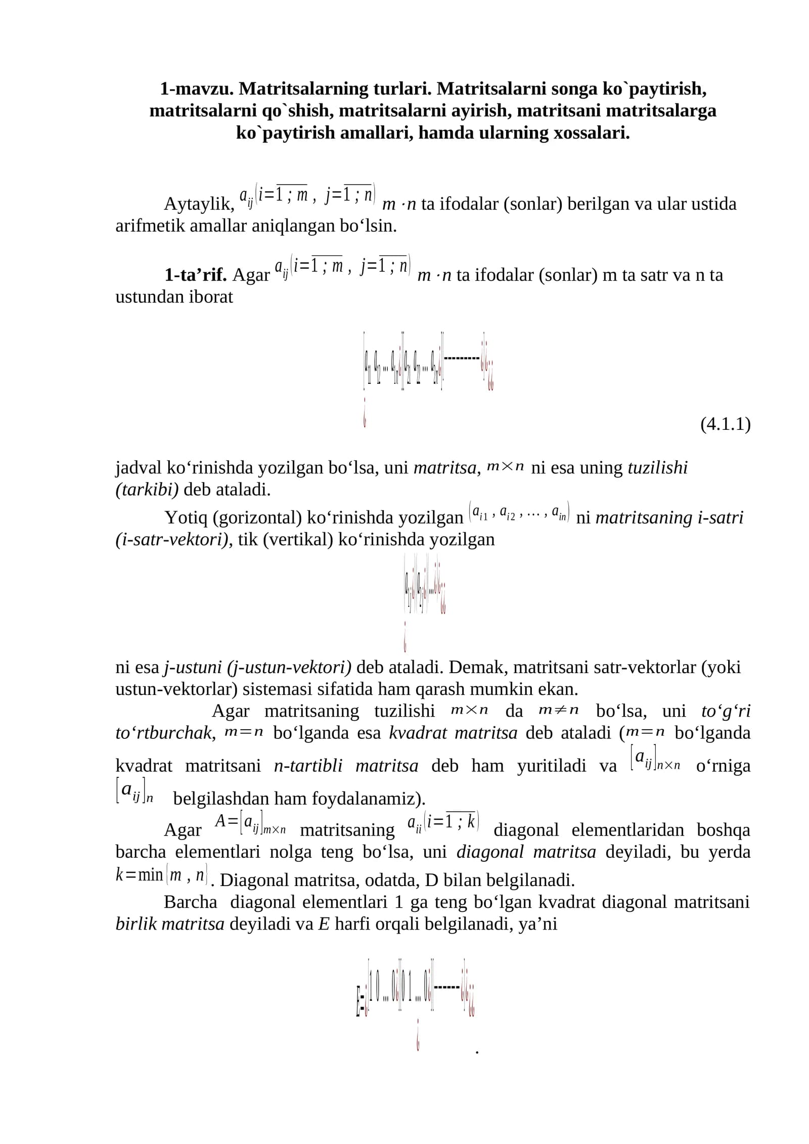 Matritsalarning turlari