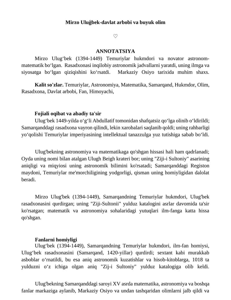 Mirzo Ulugʻbek-davlat arbobi va buyuk olim