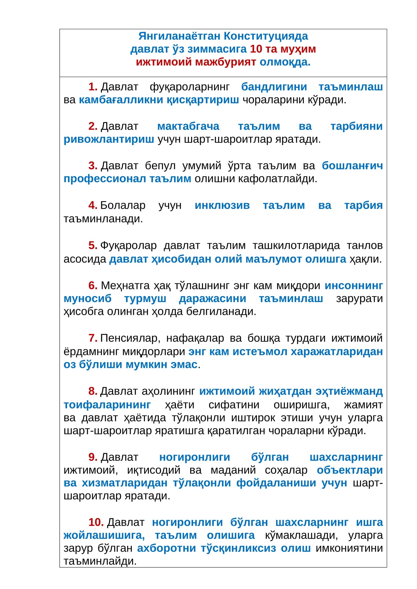 Янгиланаётган Конституцияда давлатнинг ижтимоий мажбуриятлари