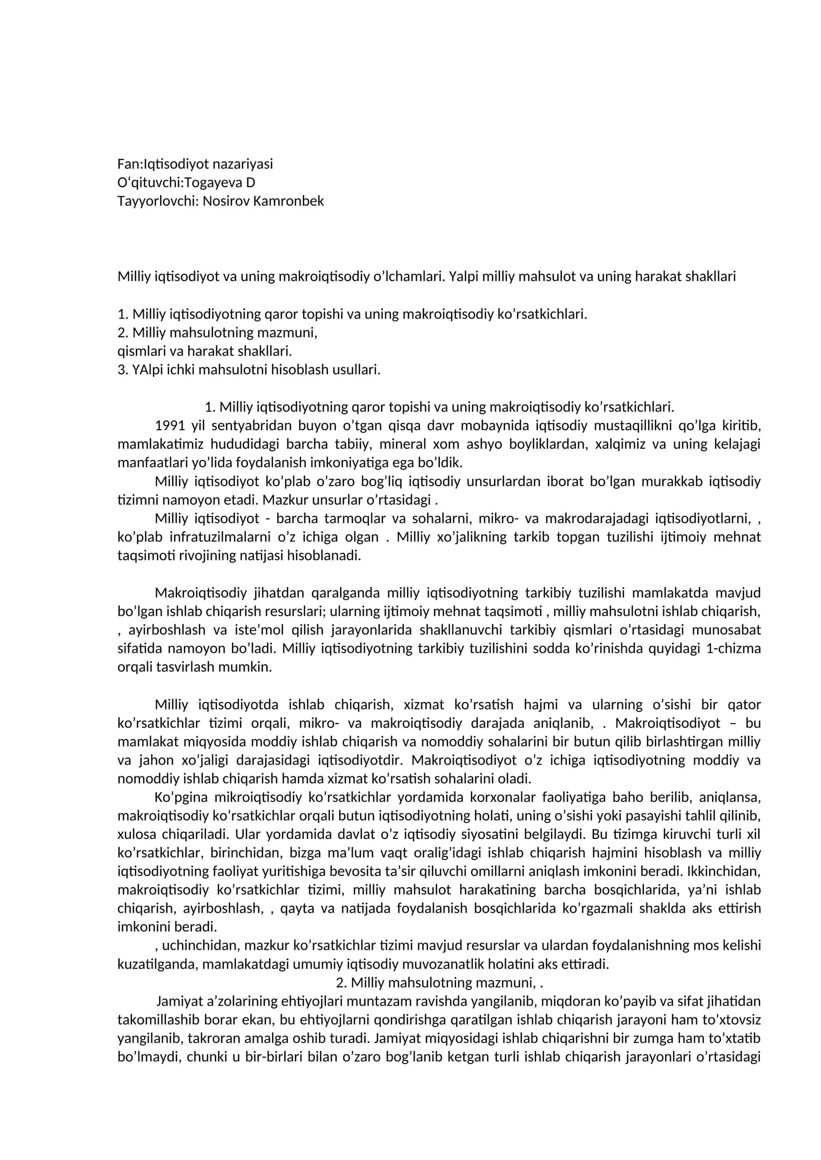Milliy iqtisodiyotning qаrоr tоpishi vа uning mаkrоiqtisоdiy ko’rsаtkichlаri