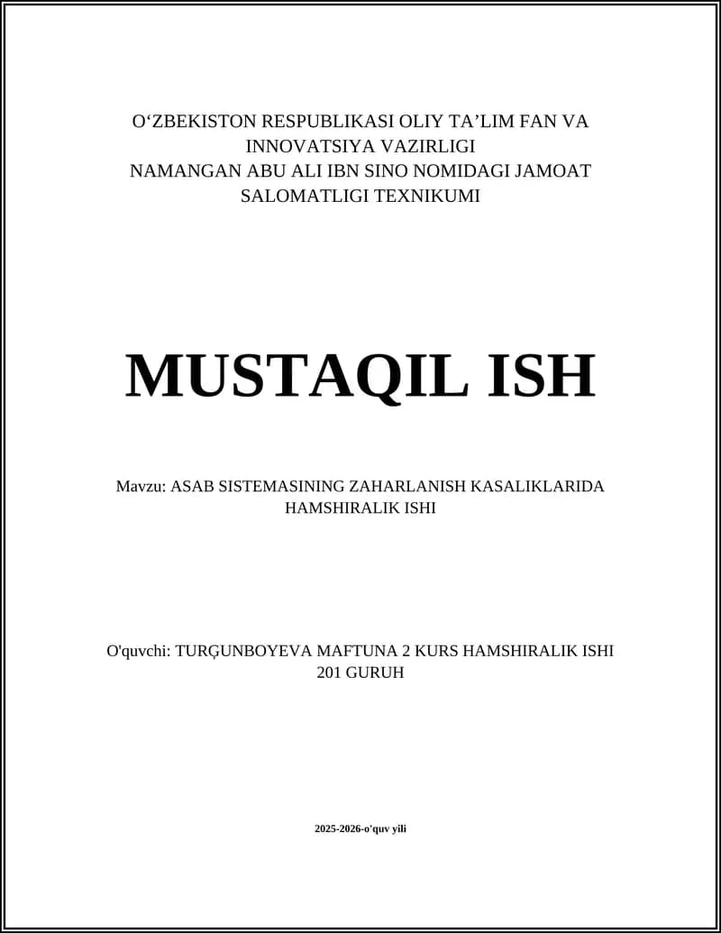 ASAB SISTEMASINING ZAHARLANISH KASALIKLARIDA HAMSHIRALIK ISHI