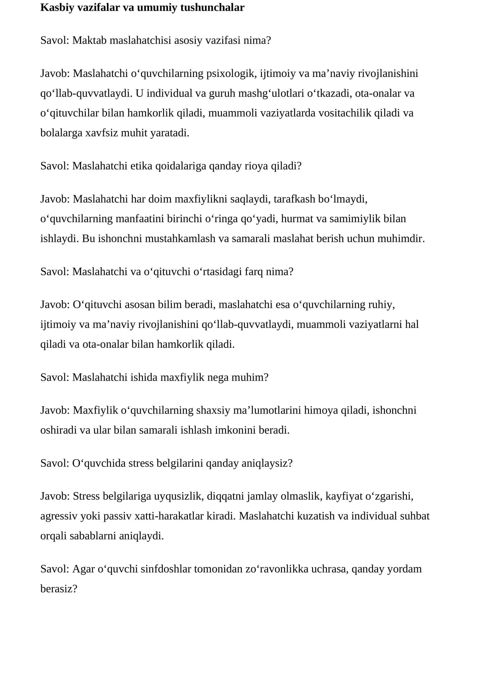 Maktab maslaxatchiligi savol javob