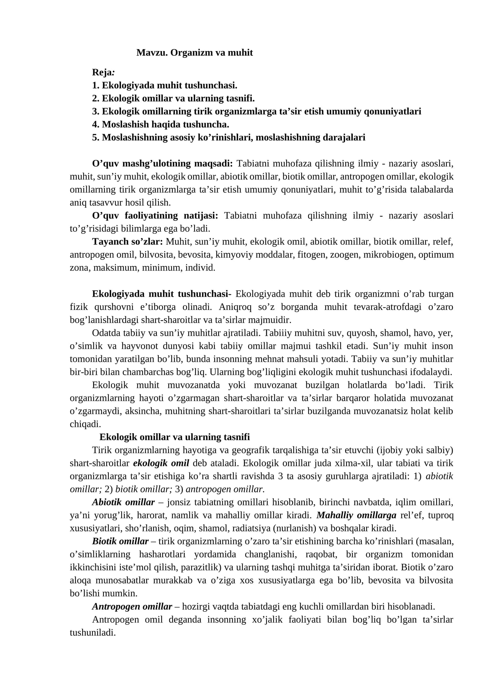 Organizm va muhit