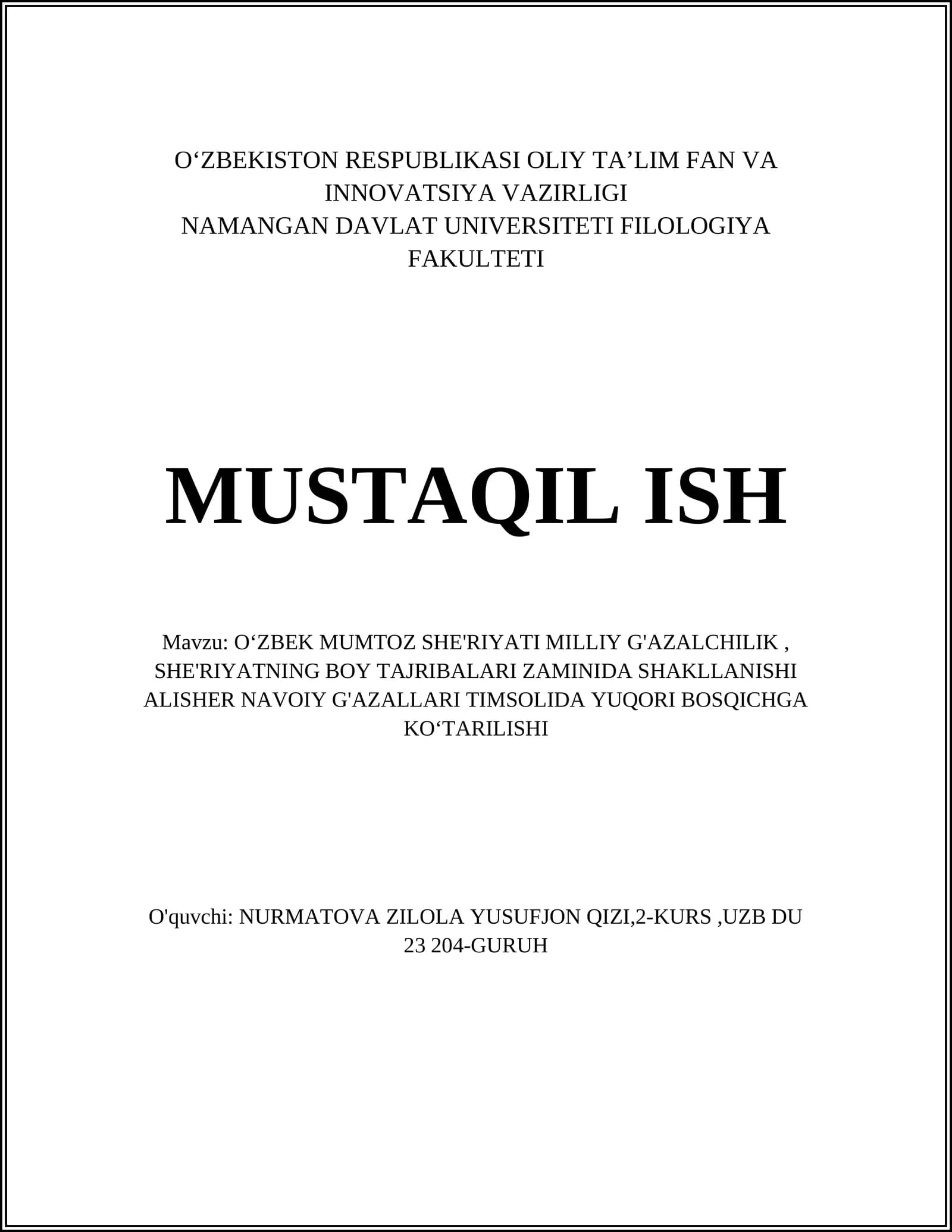 OʻZBEK MUMTOZ SHE'RIYATI MILLIY G'AZALCHILIK