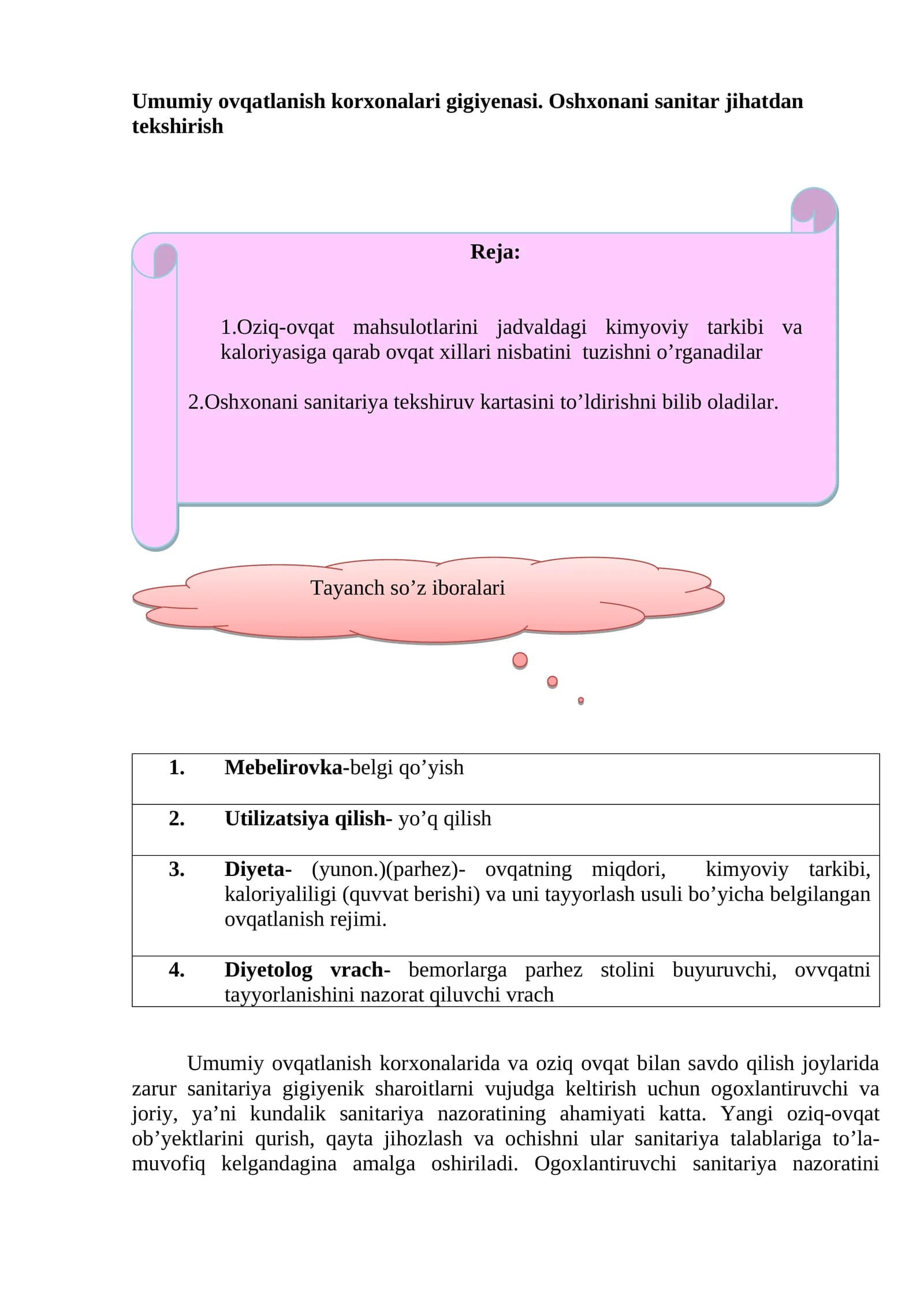 Umumiy ovqatlanish korxonalari gigiyenasi. Oshxonani sanitar jihatdan tekshirish