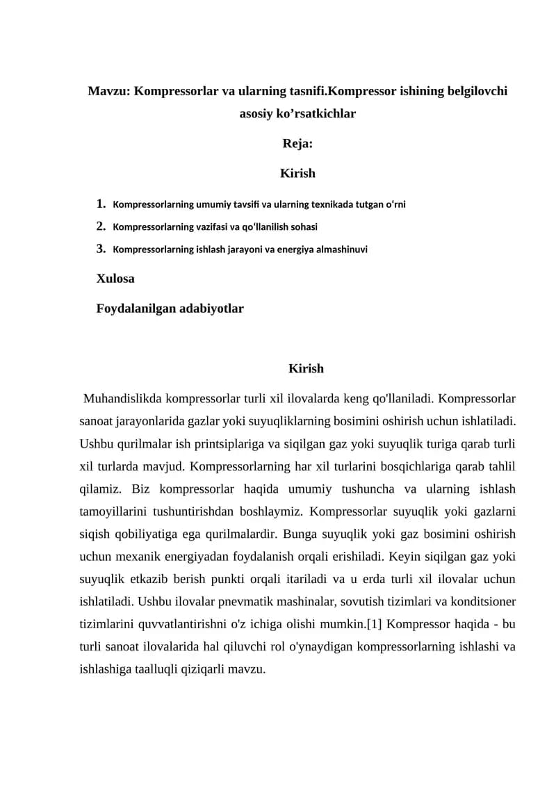 Kompressorlar va ularning tasnifi