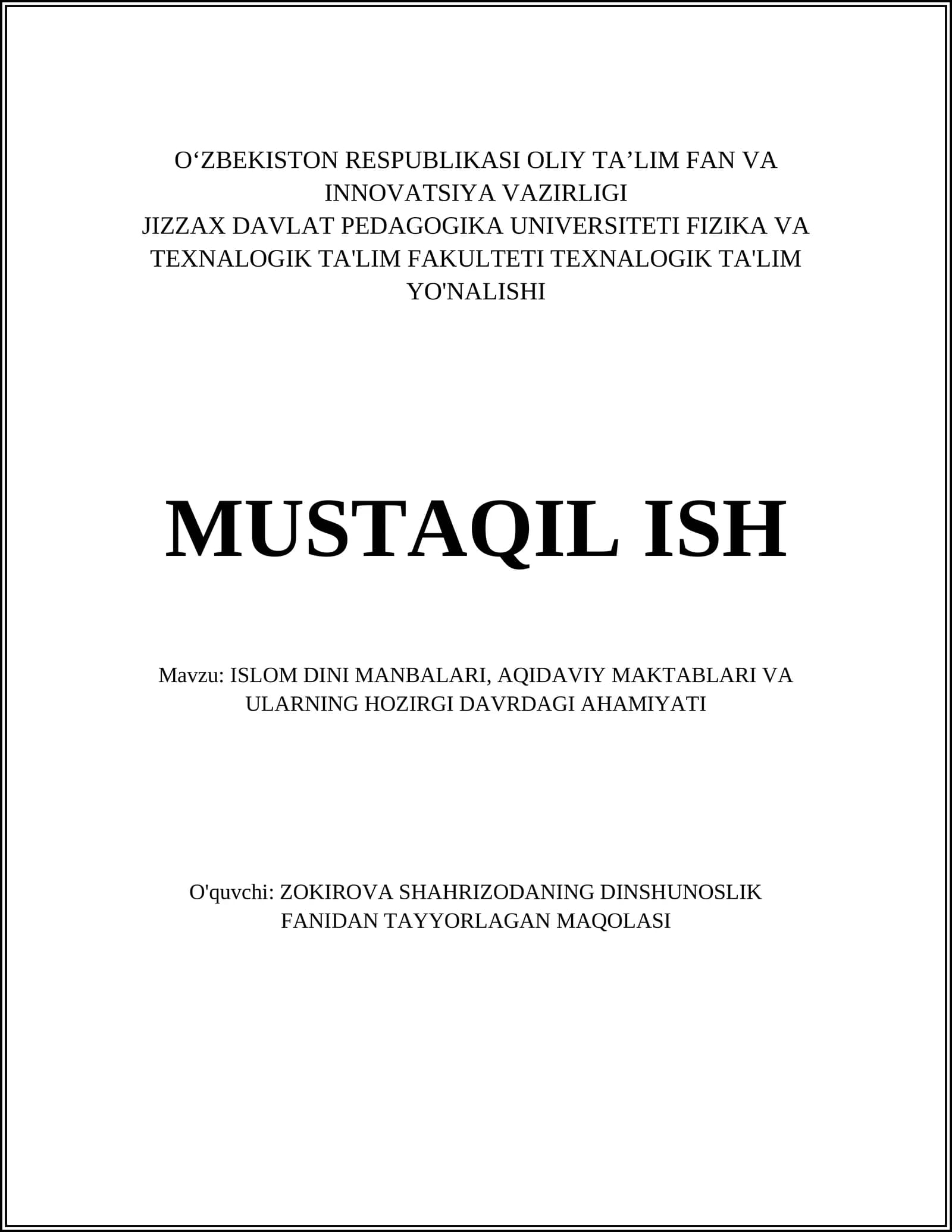 ISLOM DINI MANBALARI