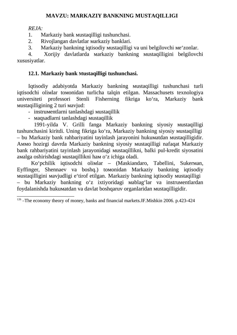 MARKAZIY BANKNING MUSTAQILLIGI