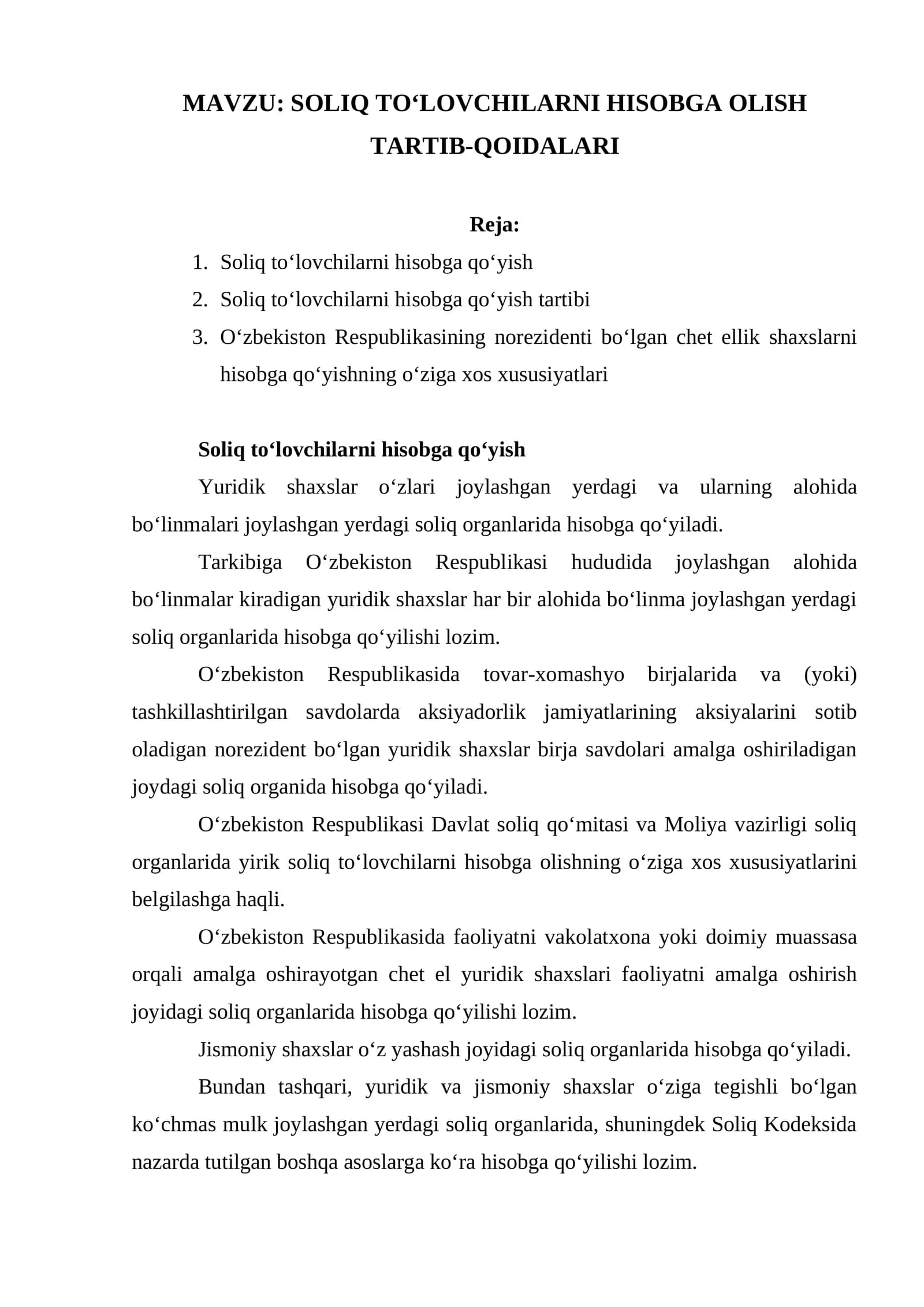 SOLIQ TO‘LOVCHILARNI HISOBGA OLISH TARTIB-QOIDALARI