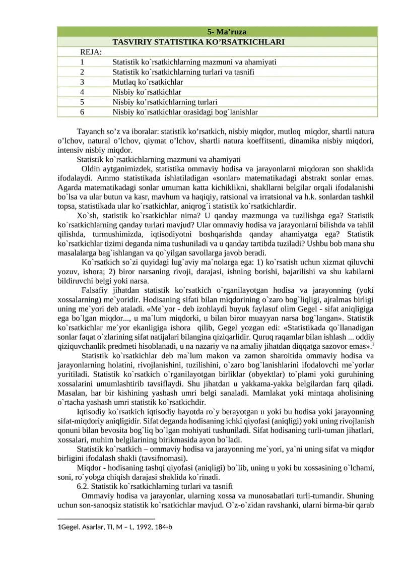 TASVIRIY STATISTIKA KO’RSATKICHLARI
