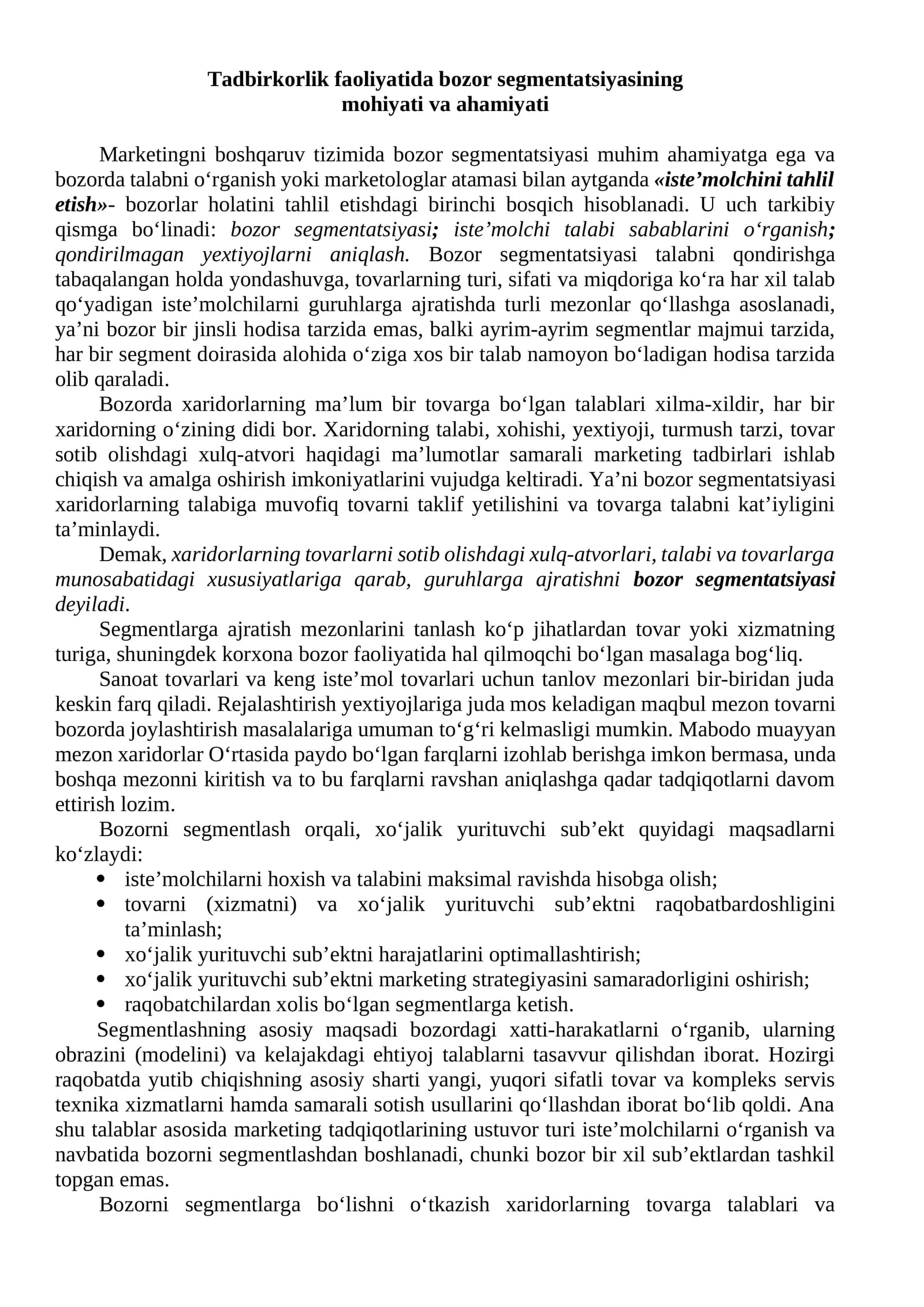 Tadbirkorlik faoliyatida bozor segmentatsiyasining mohiyati va ahamiyati