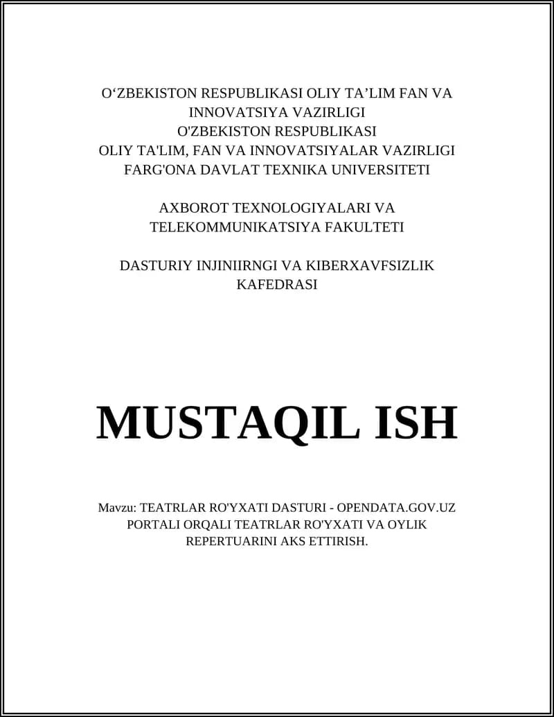 TEATRLAR RO'YXATI DASTURI - OPENDATA.GOV.UZ PORTALI ORQALI TEATRLAR RO'YXATI VA OYLIK REPERTUARINI AKS ETTIRISH