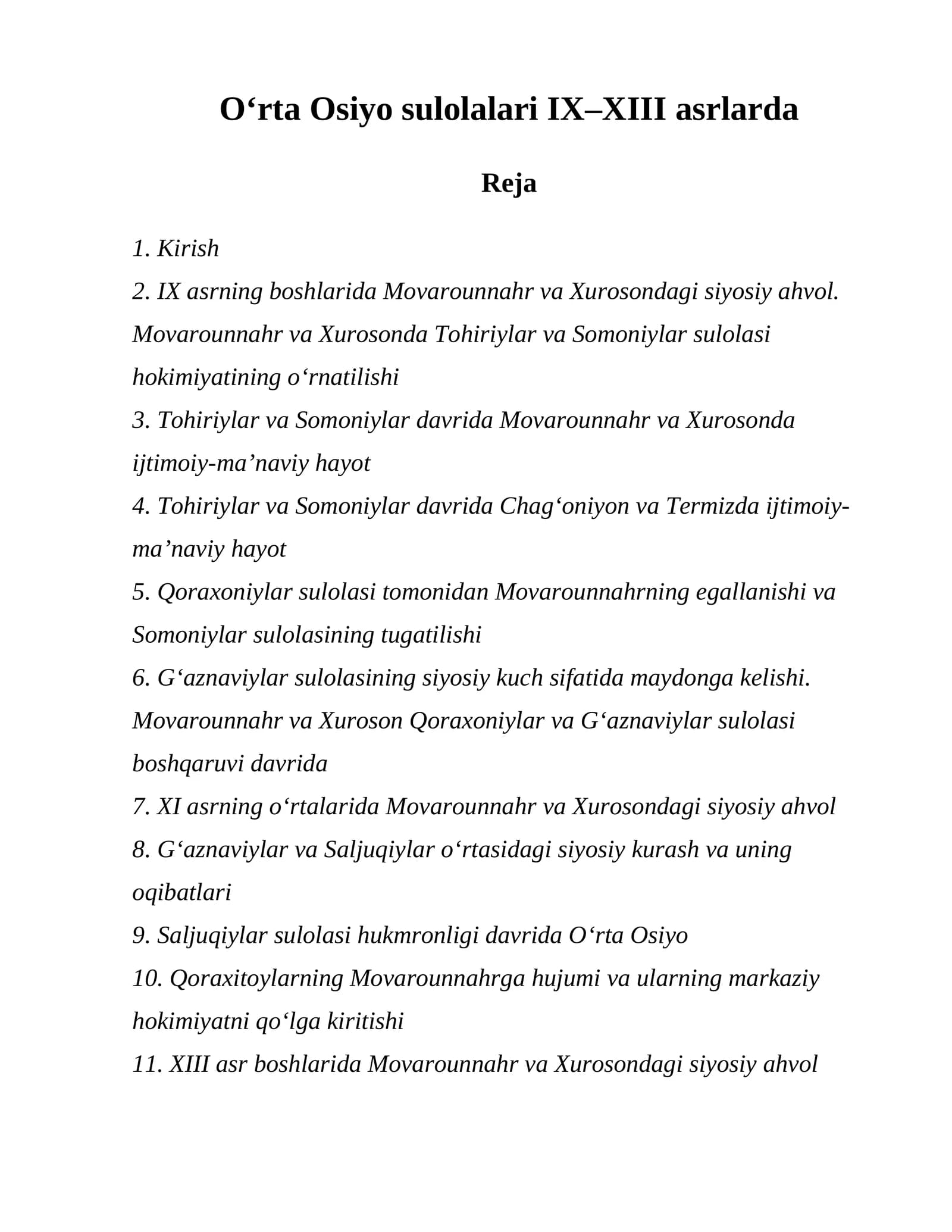 Oʻrta Osiyo sulolalari IX–XIII asrlarda