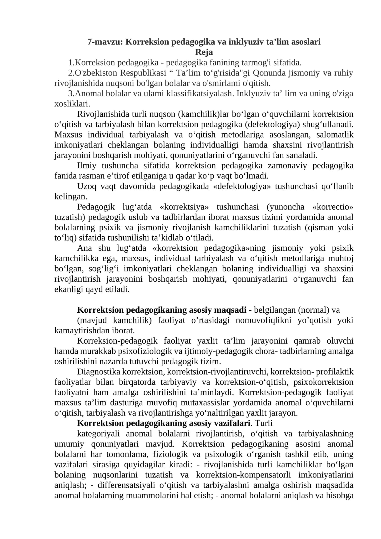 Korreksion pedagogika va inklyuziv ta’lim asoslari