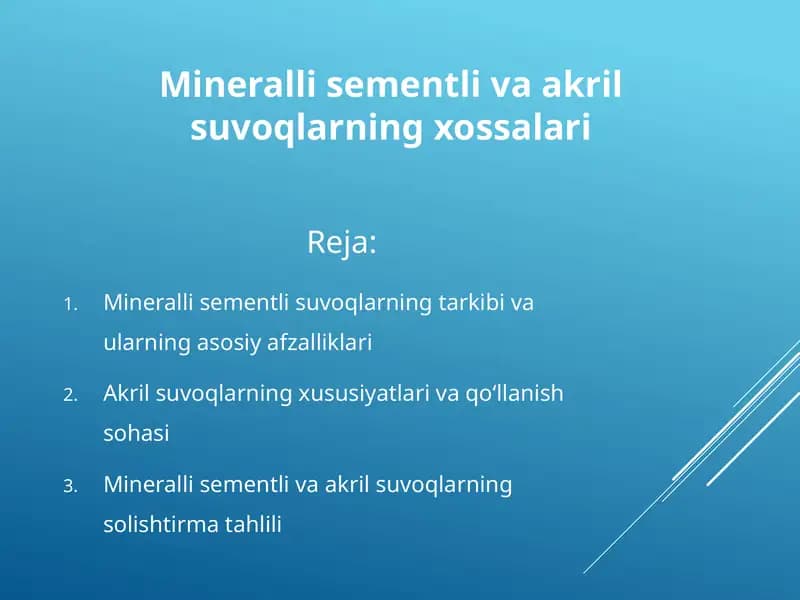 Mineralli sementli va akril suvoqlarning xossalari