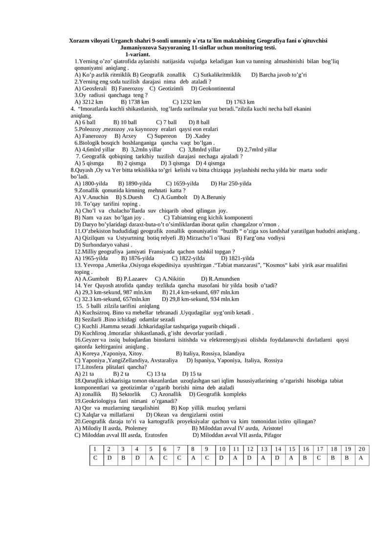 11-sinflar uchun monitoring testi