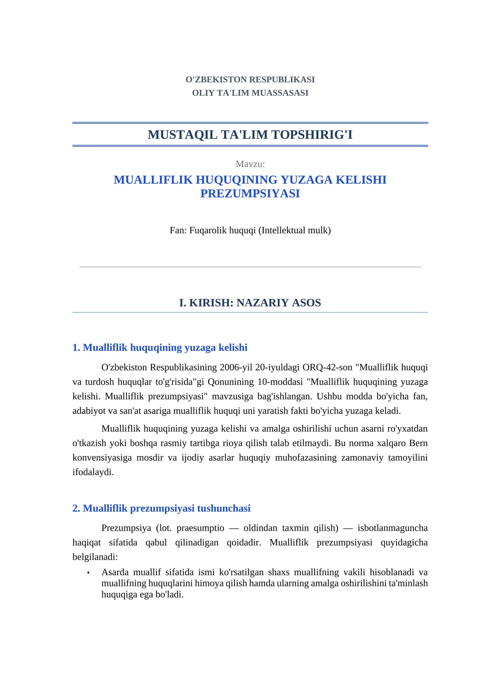 MUALLIFLIK HUQUQINING YUZAGA KELISHI PREZUMPSIYASI