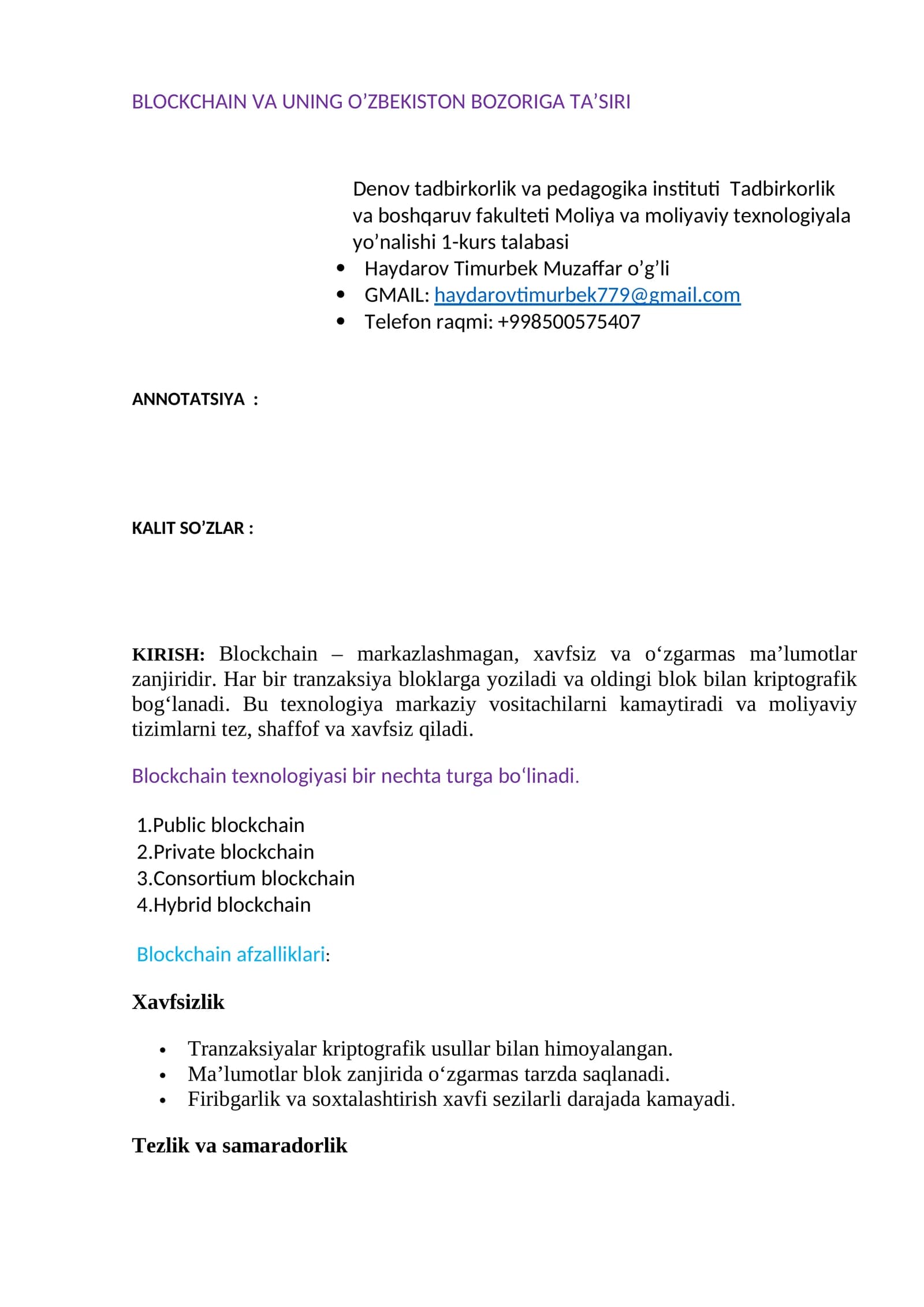 Blockchain va uning O'zbekiston bozoriga ta'siri