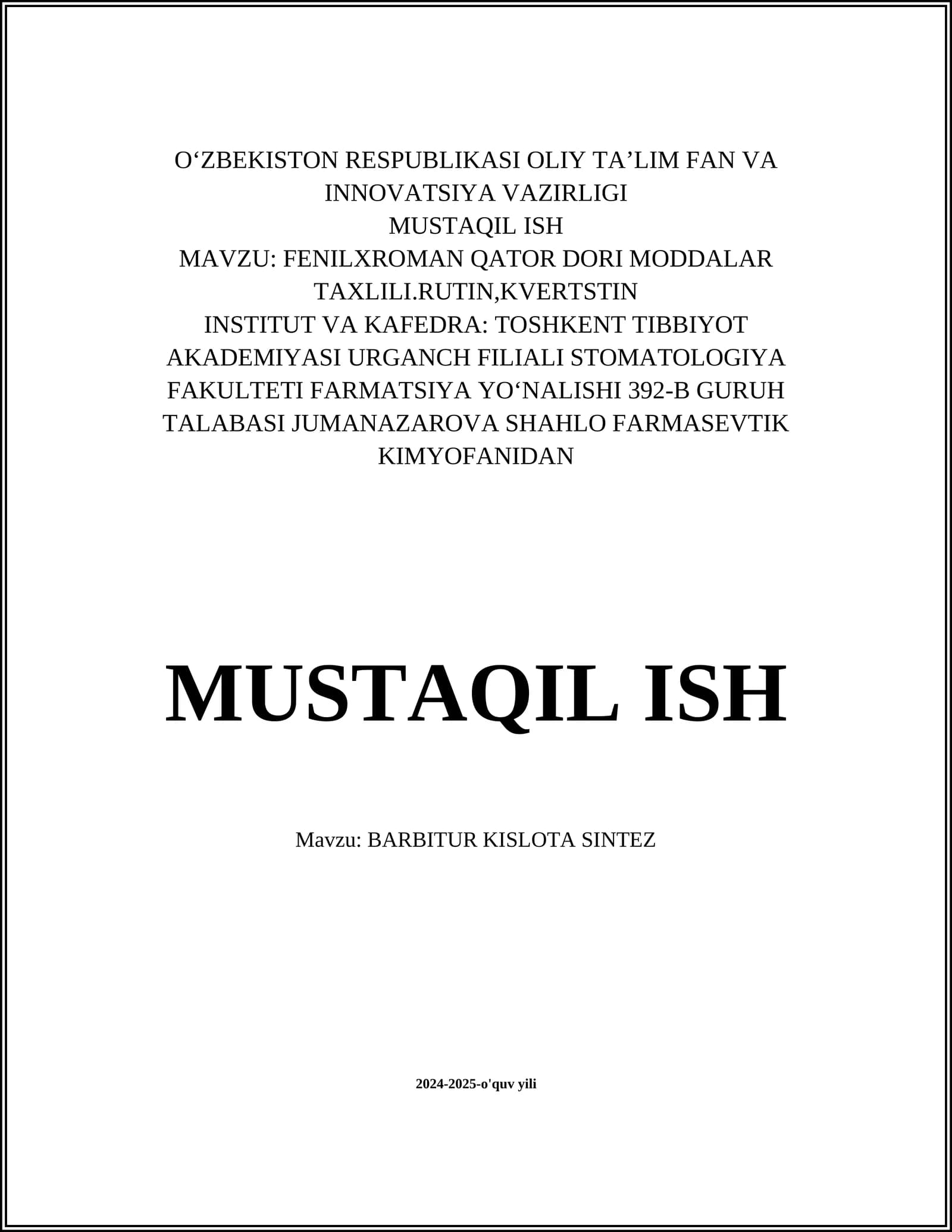 BARBITUR KISLOTA SINTEZ