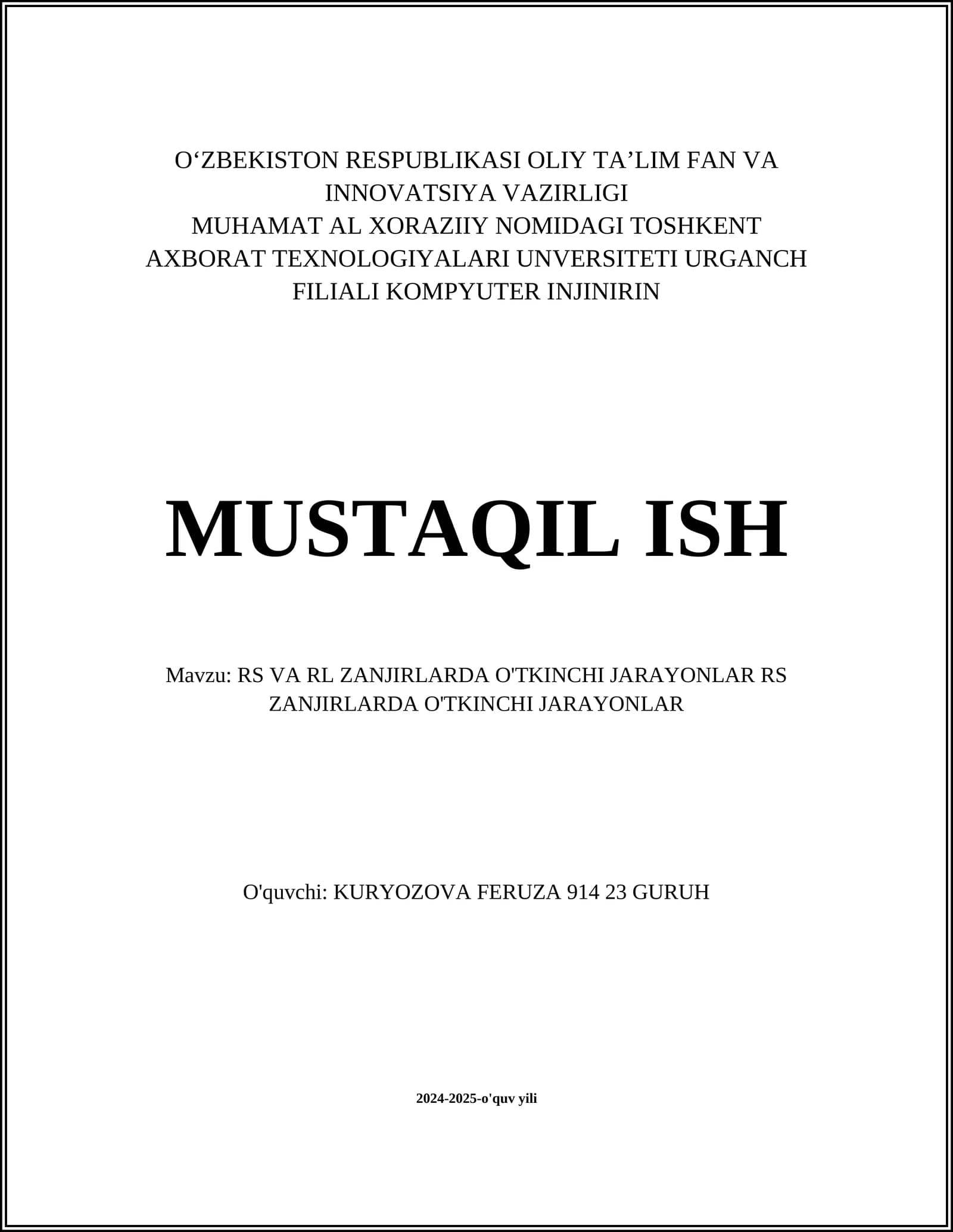 RS va RL zanjirlarda O'tkinchi jarayonlar