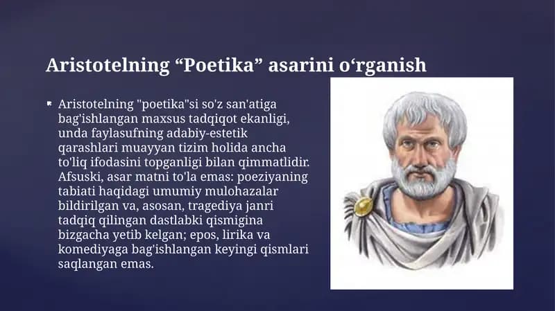 Aristotelning poetika asarini o`rganish