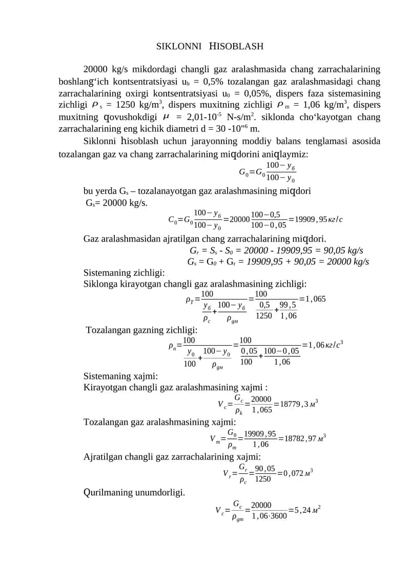 SIKLONNI HISOBLASH