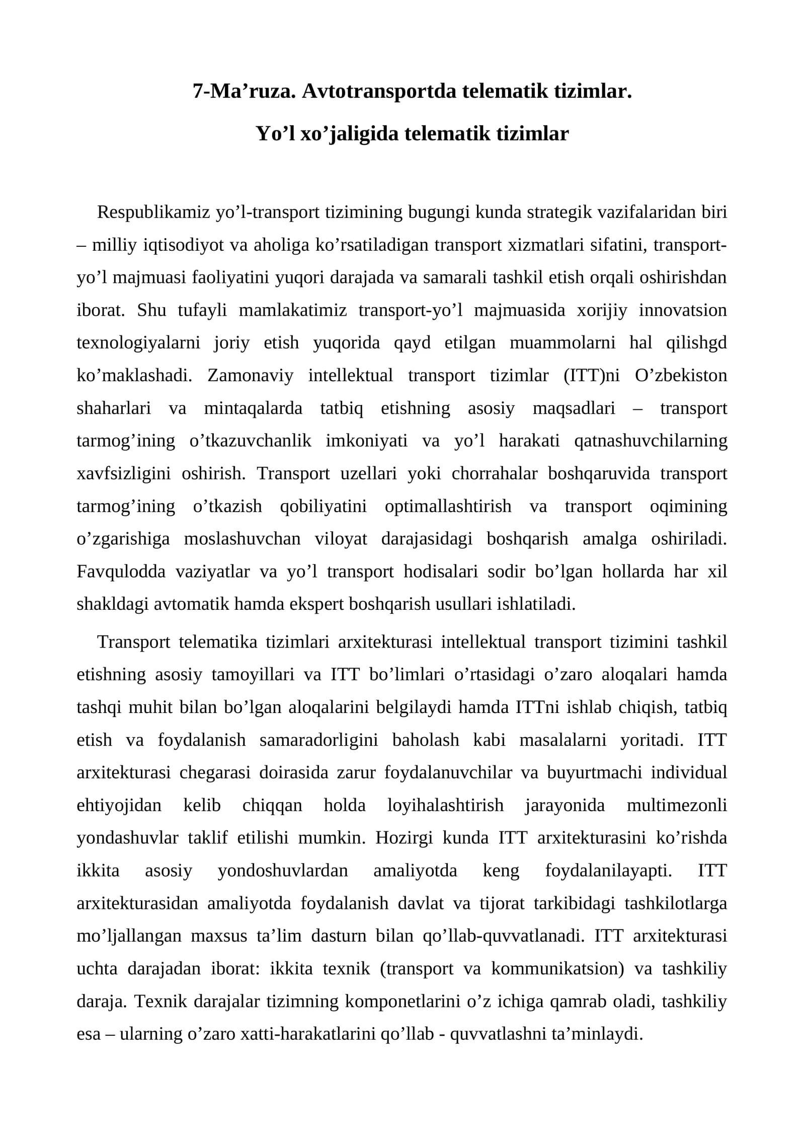 Yo’l-Xo’jaligida Telematik Tizimlar