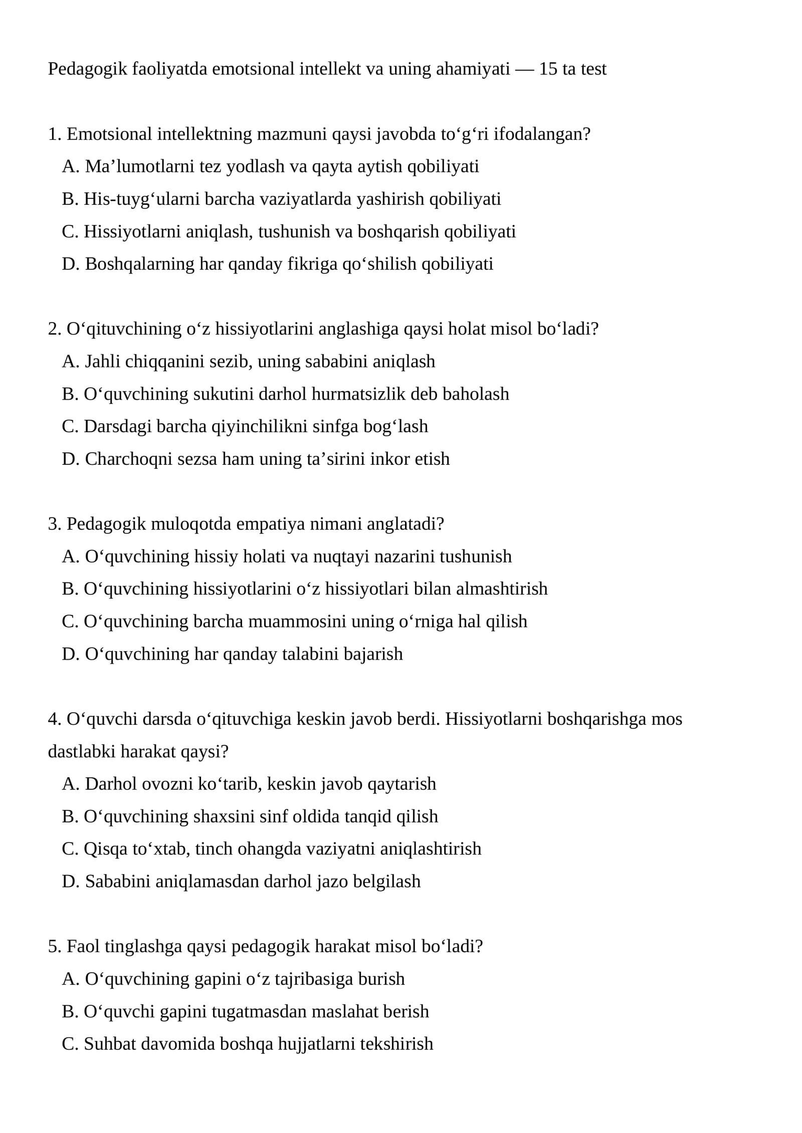 Pedagogik faoliyatda emotsional intellekt va uning ahamiyati TEST.