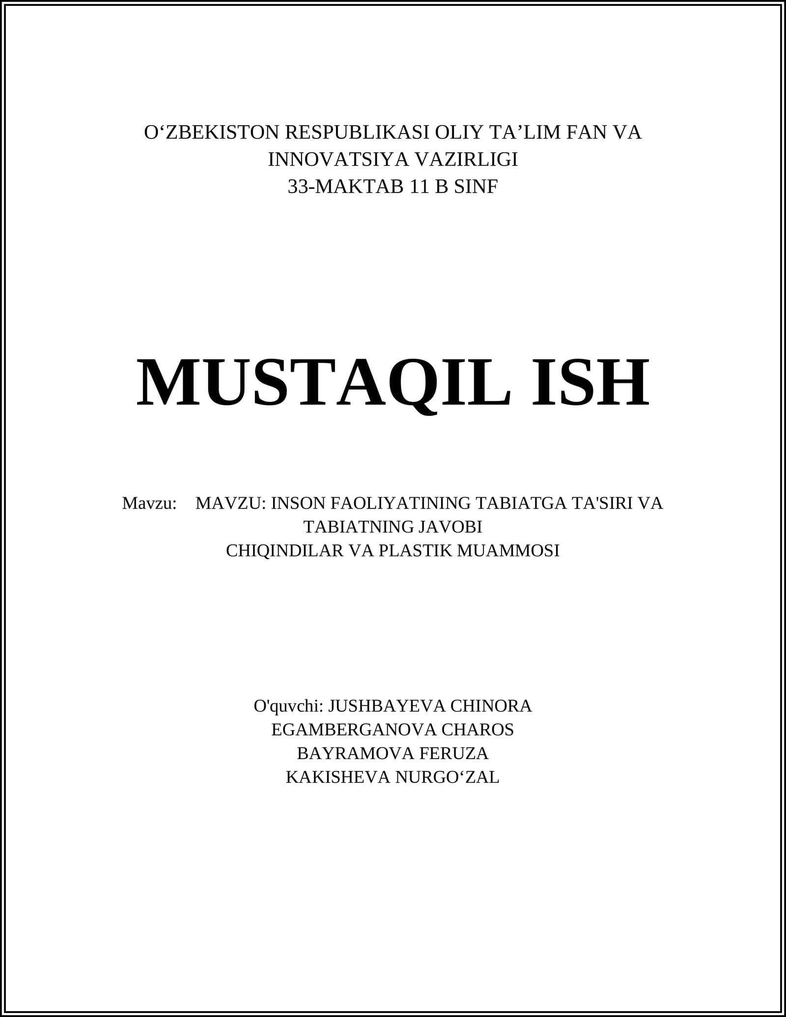 INSON FAOLIYATINING TABIATGA TA'SIRI VA TABIATNING JAVOBI