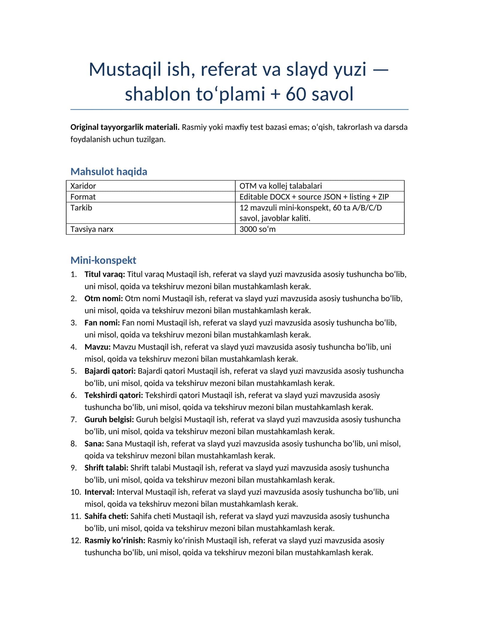 Mini-konspekt shablon to‘plami, 12 mavzuli mini-konspekt, 60 ta A/B/C/D savol, javoblar kaliti
