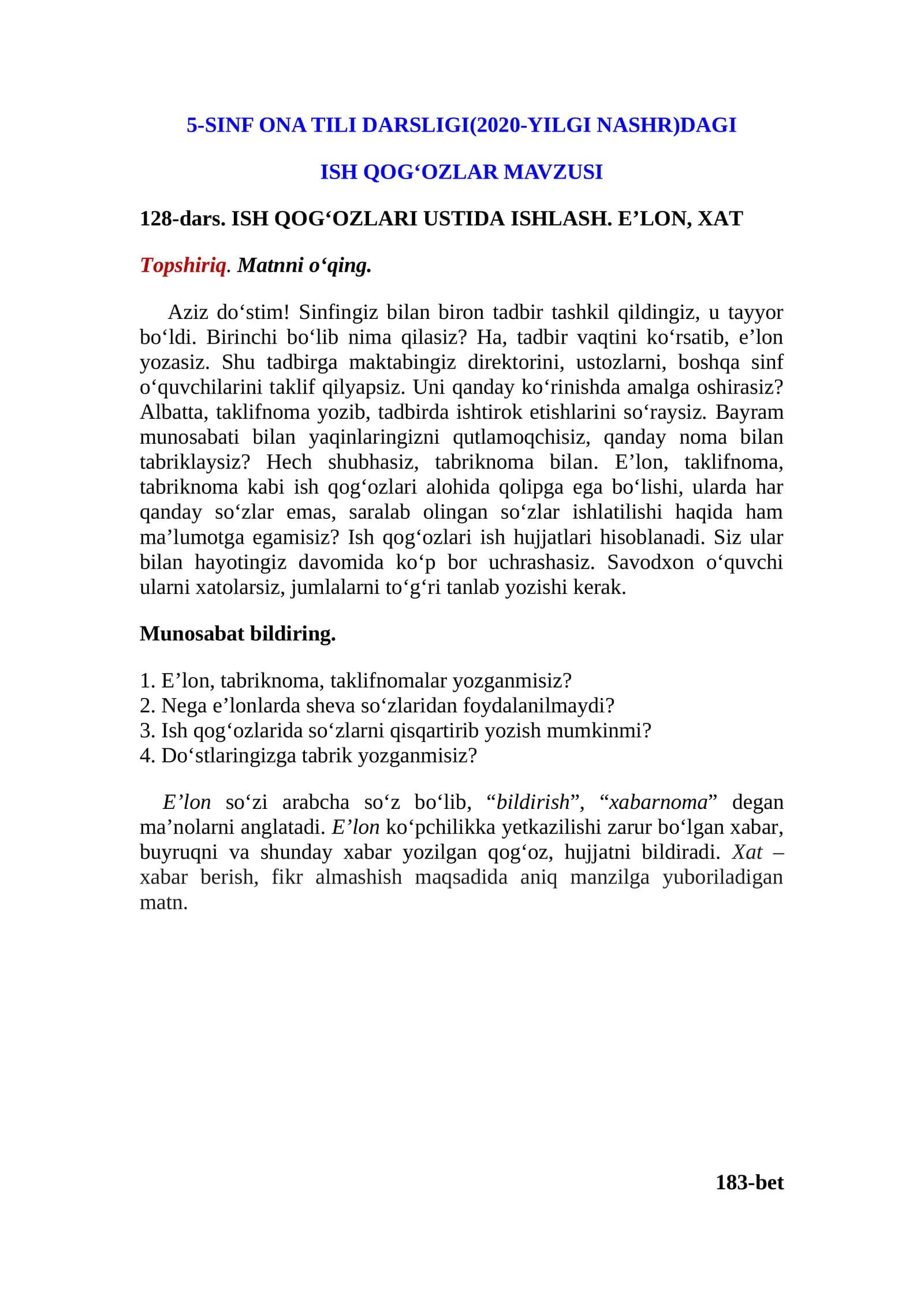SINF ONA TILI DARSLIGI(2020-YILGI NASHR)DAGI