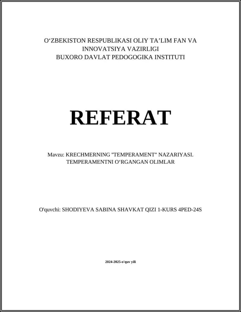 Krechmerning ''TEMPERAMENT" NAZARIYASI