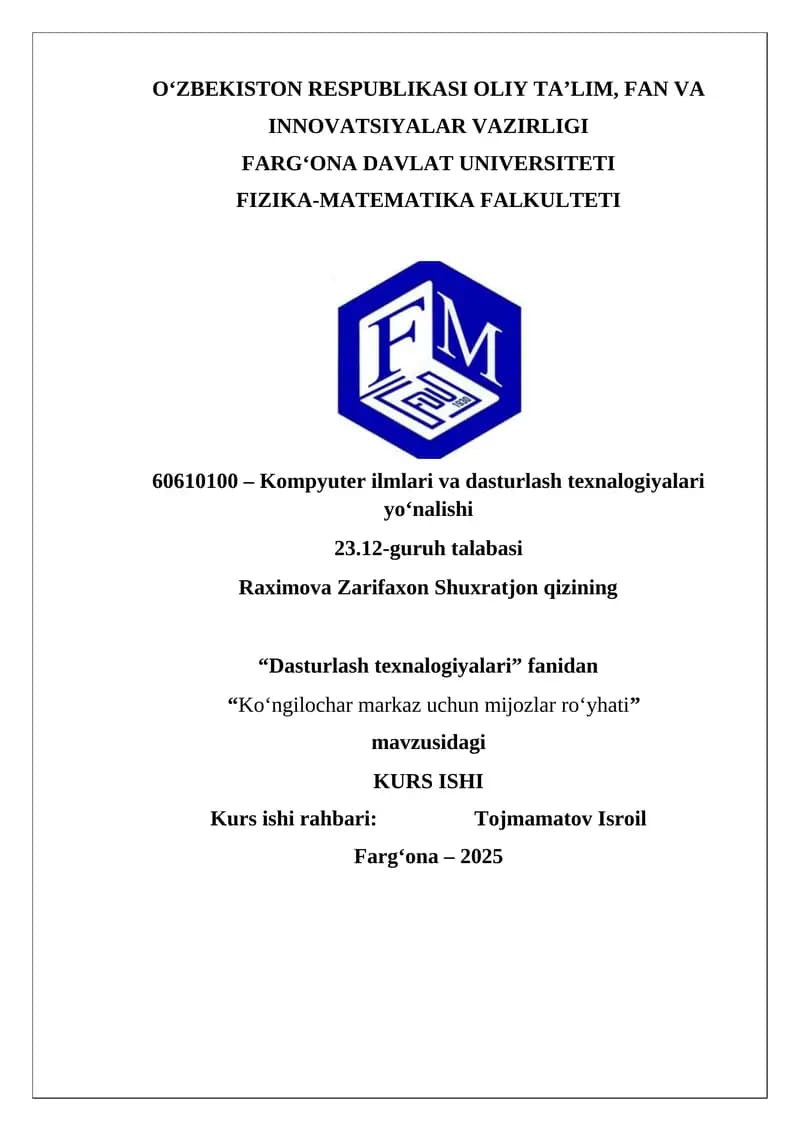Ko‘ngilochar markaz uchun mijozlar ro‘yhati