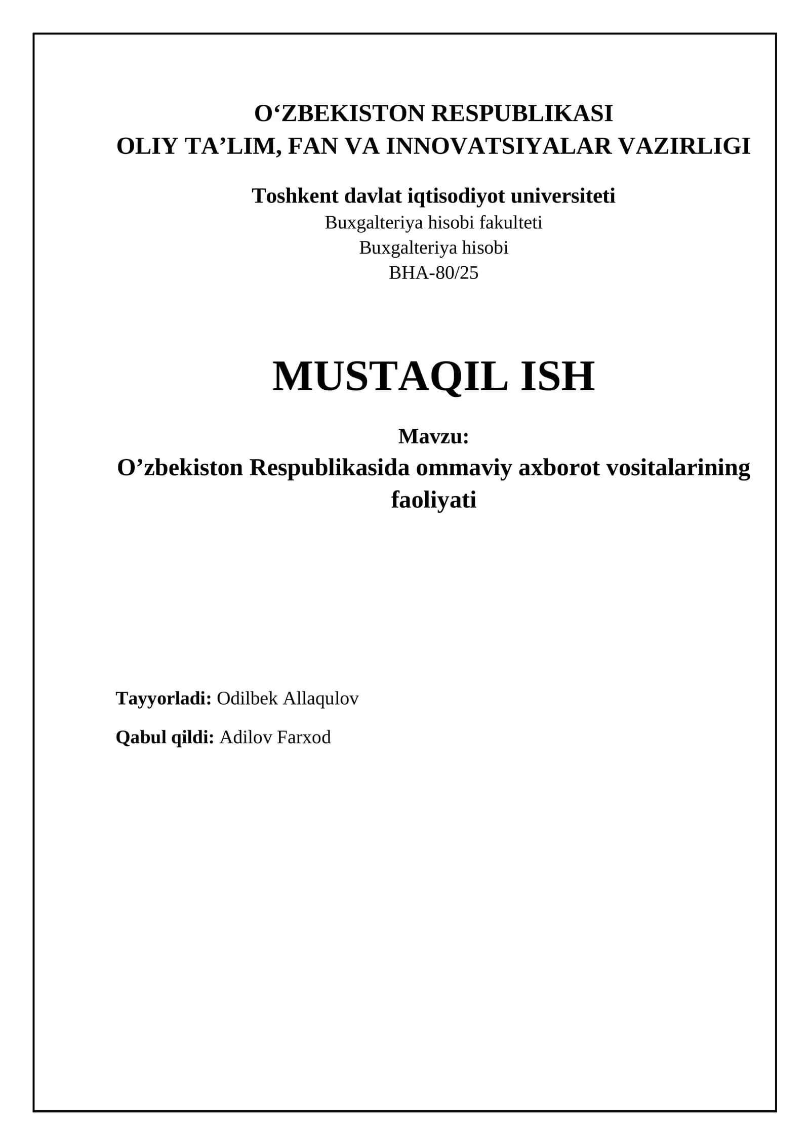 O’zbekiston Respublikasida ommaviy axborot vositalarining faoliyati