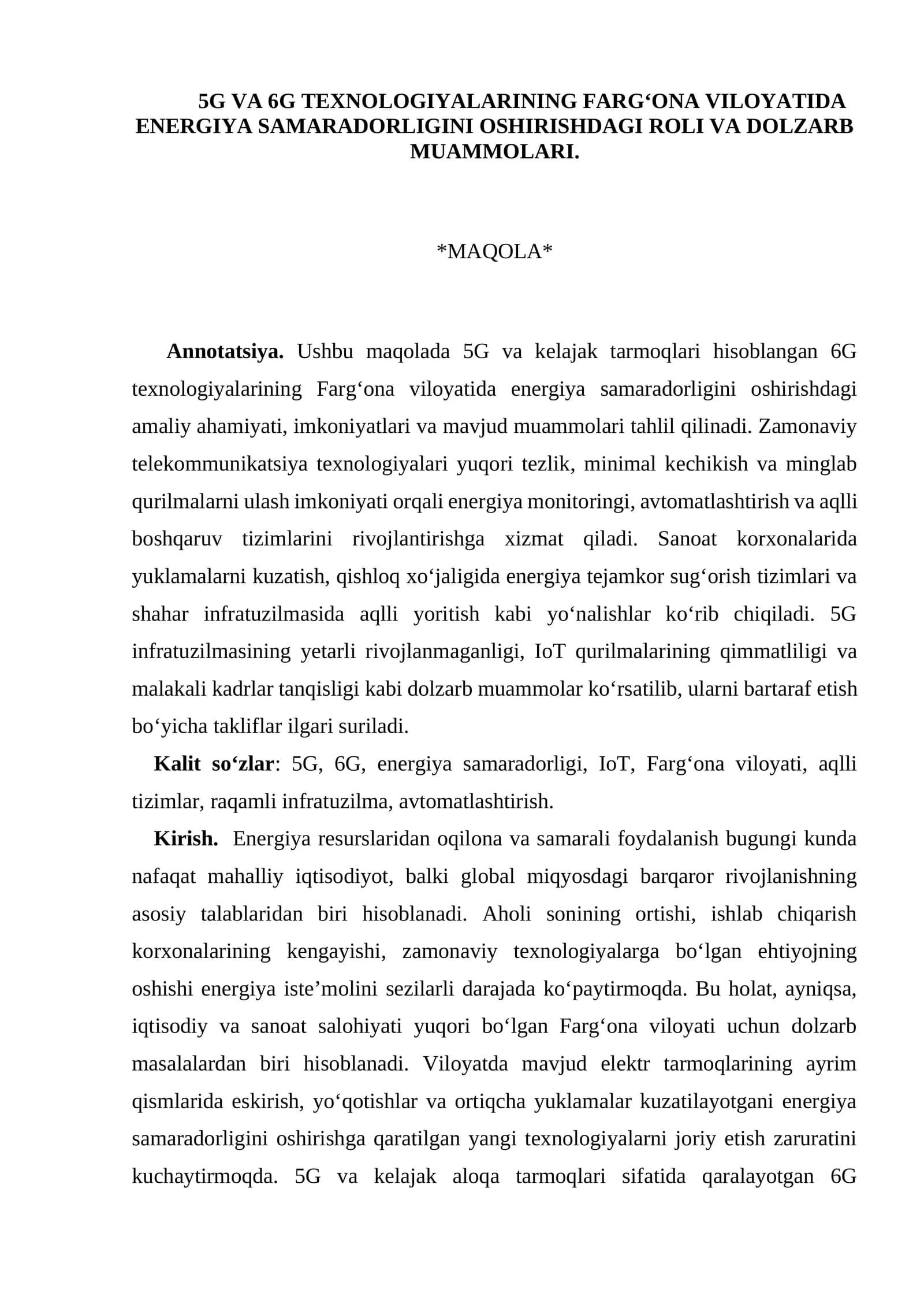 5G VA 6G TEXNOLOGIYALARINING  VILOYATLARDA ENERGIYA SAMARADORLIGINI OSHIRISHDAGI ROLI VA DOLZARB MUAMMOLARI