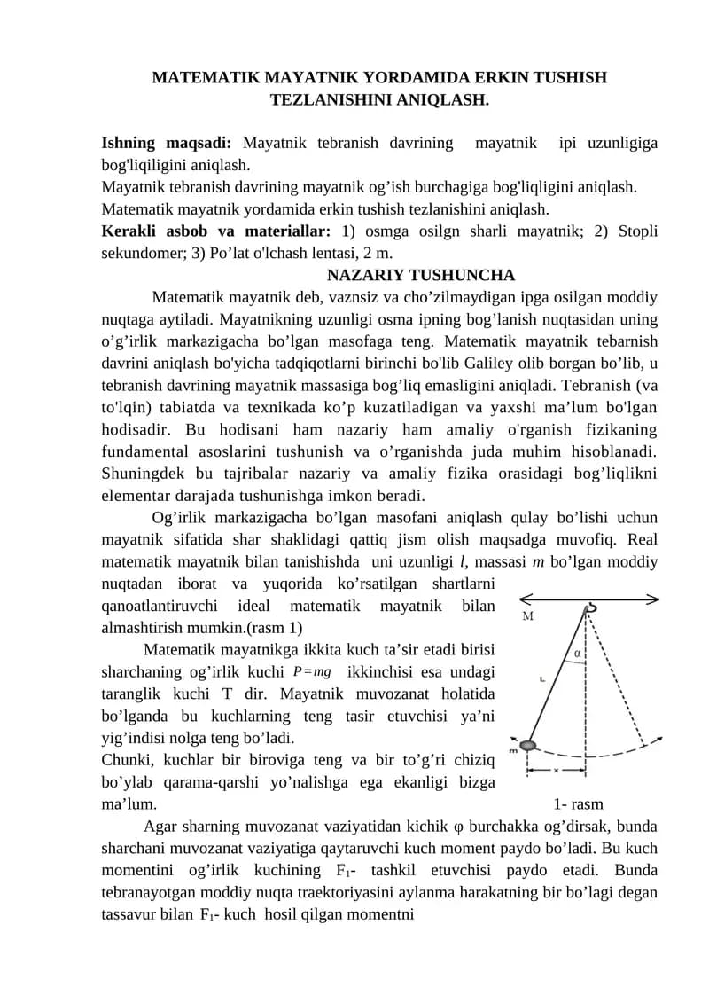 MATEMATIK MAYATNIK YORDAMIDA ERKIN TUSHISH TEZLANISHINI ANIQLASH