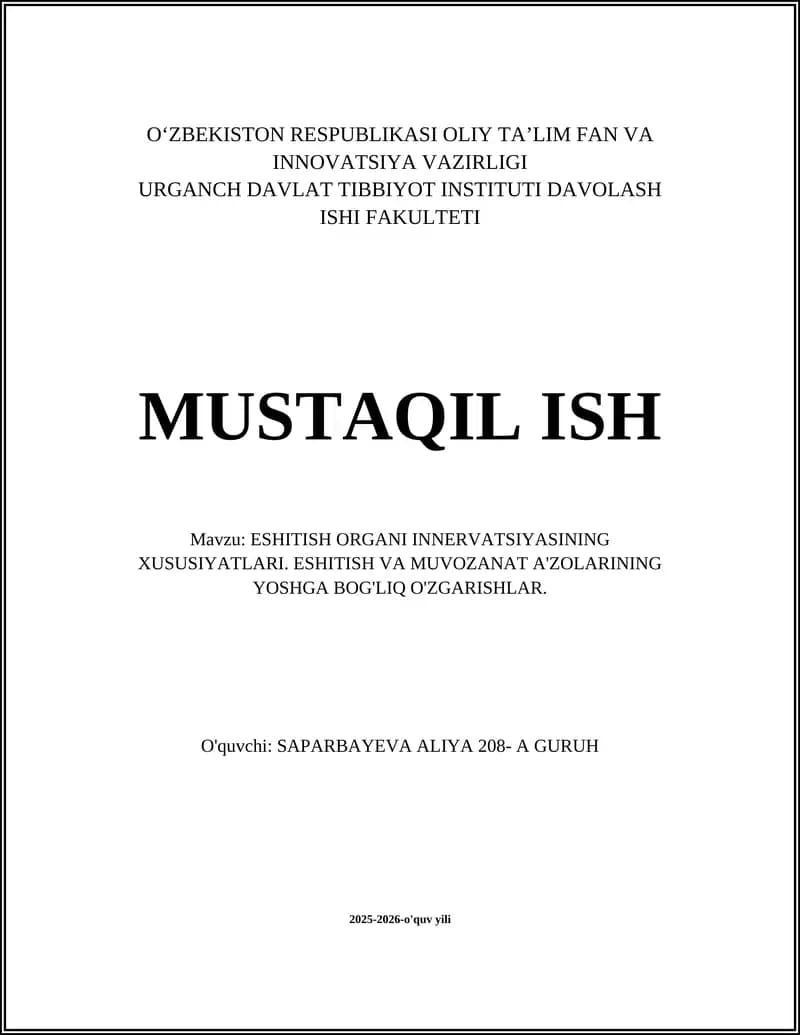 ESHITISH ORGANI INNERVATSIYASINING XUSUSIYATLARI