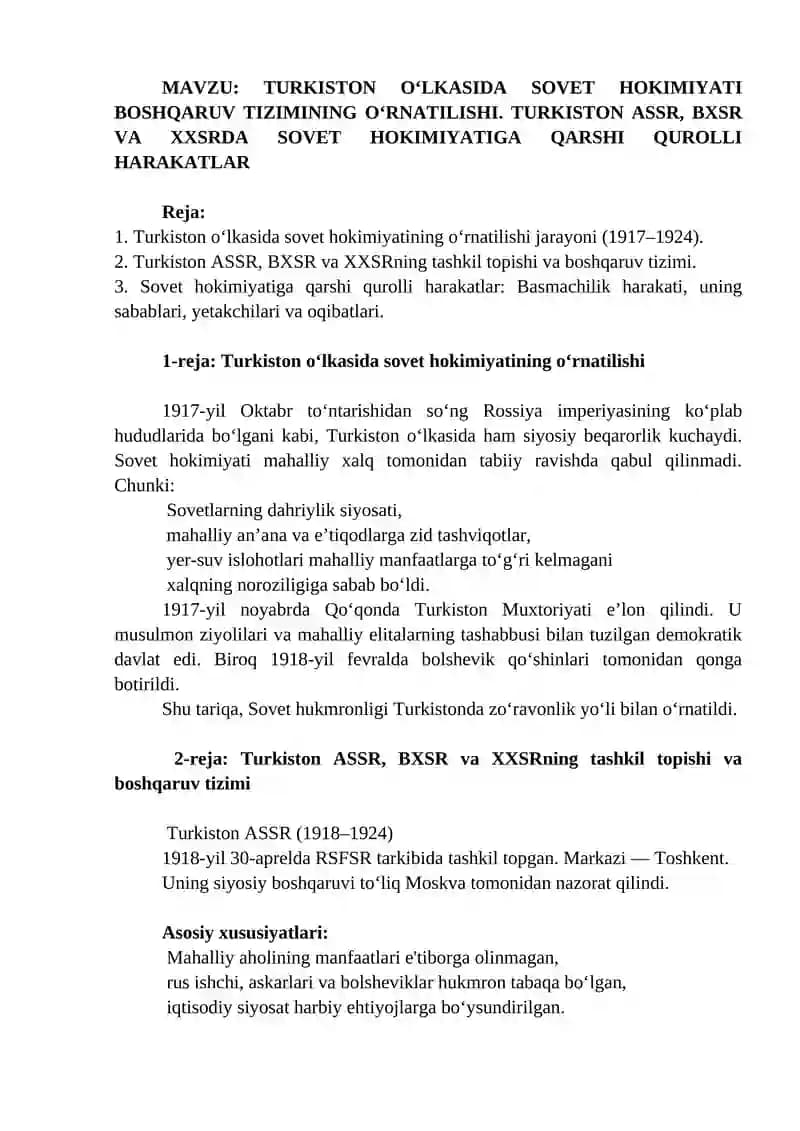 Turkiston O‘lkasida Sovet Hokimiyati